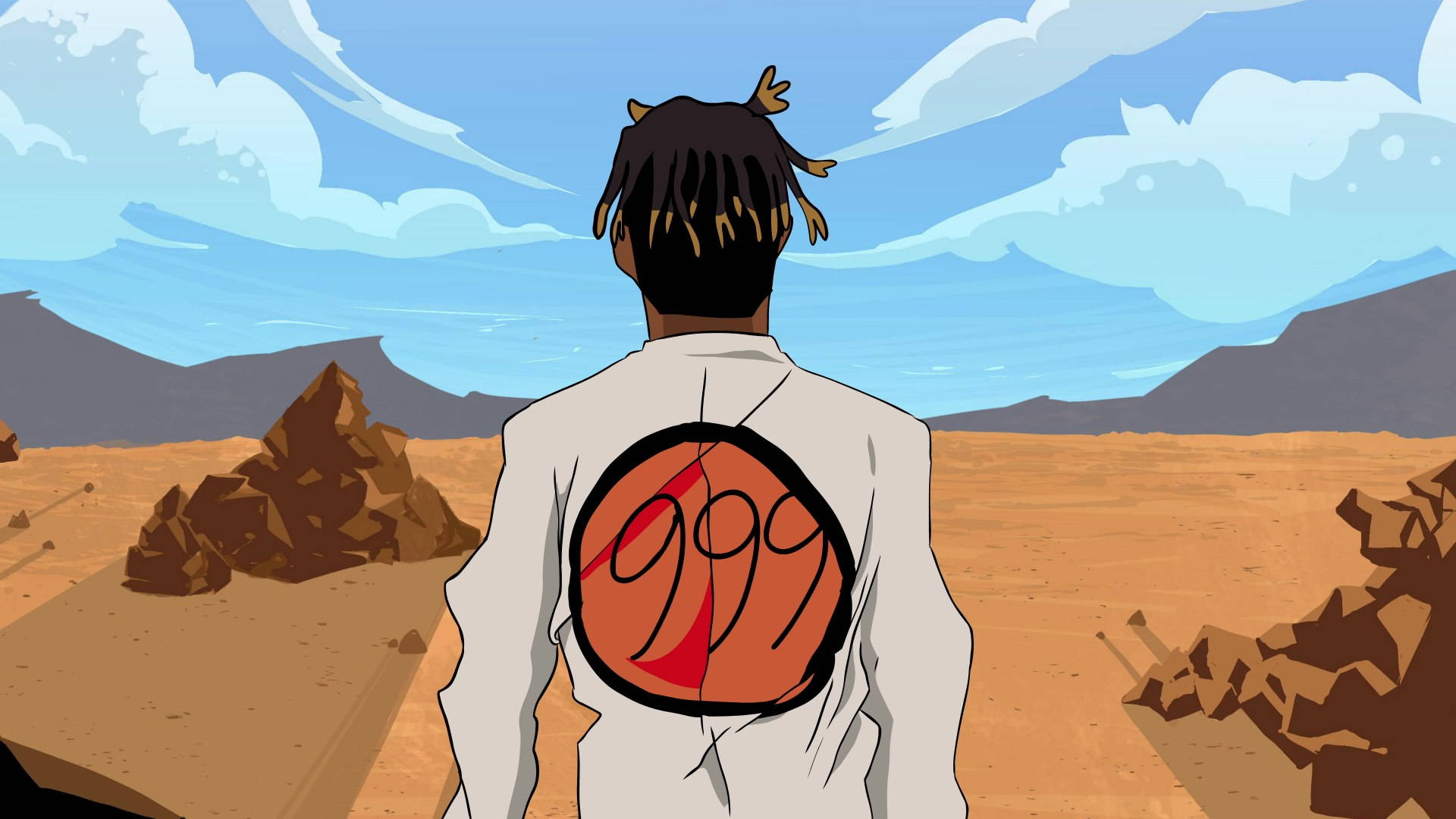 動漫角色留辮子在沙漠，穿著背面有紅色999徽章的外套。 — Juice Wrld 壁紙