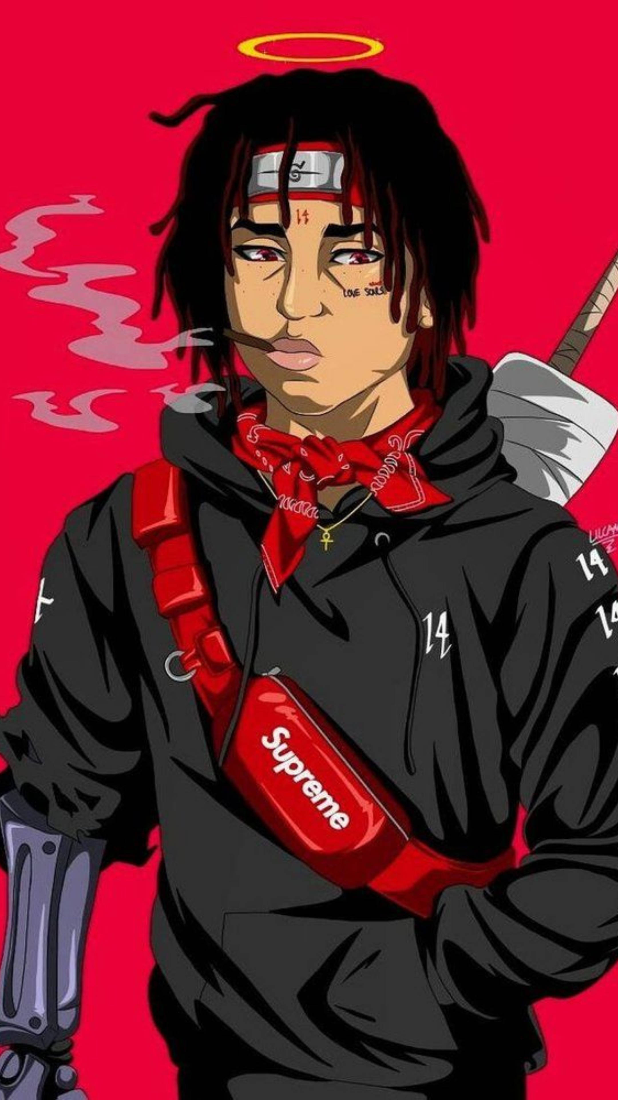 Trippie Redd 桌布 壁紙 — 一個風格化的動漫角色，留著辮子頭和紅色光環，在鮮紅色的背景下抽煙。