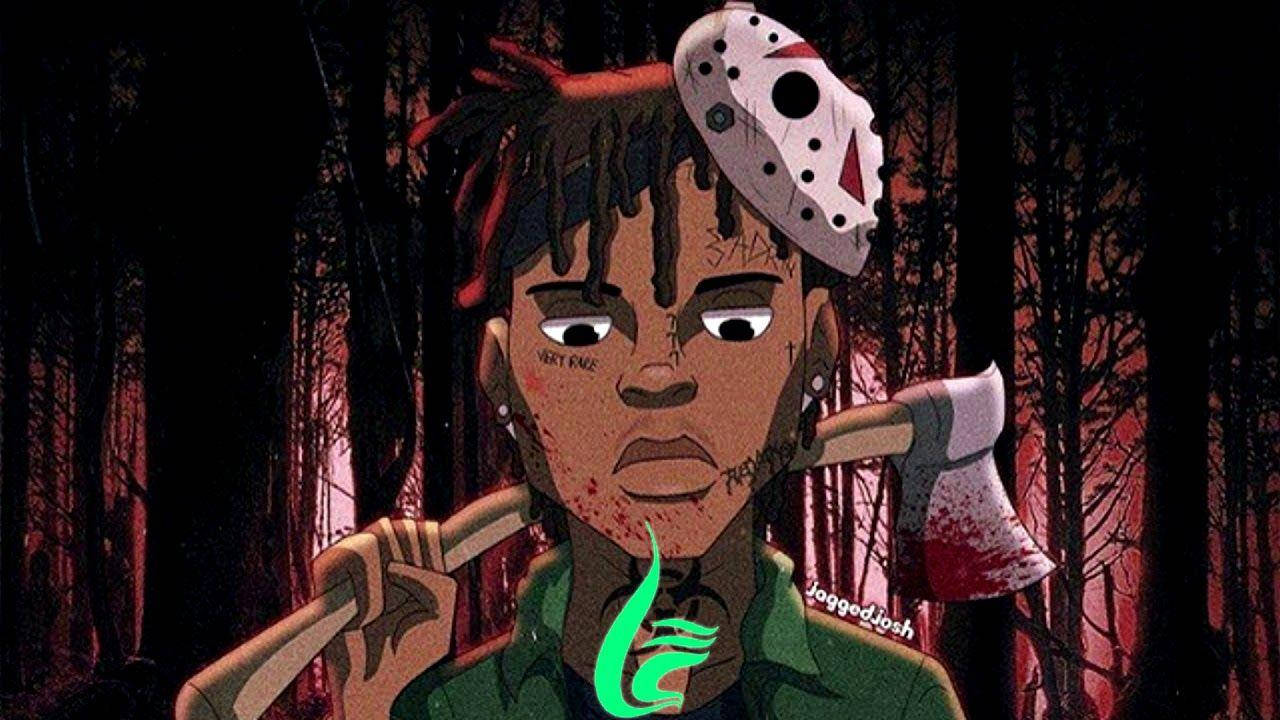 Juice Wrld Desktop 桌布 壁紙 — 一個風格化的動漫角色，留著辮子頭，戴著曲棍球面具，在暗紅色的森林中握著一把血淋淋的斧頭。
