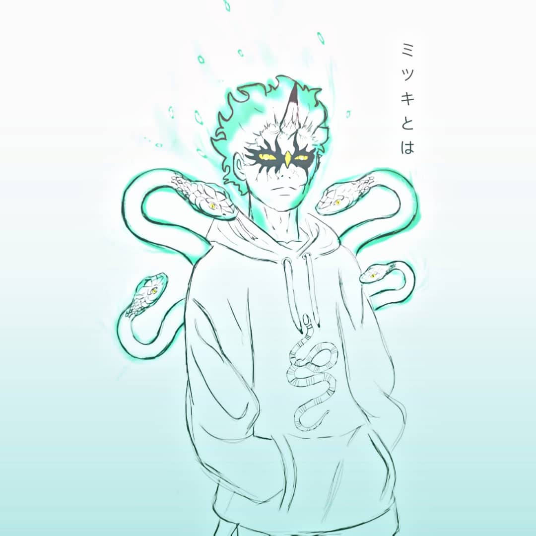 Naruto Gucci 桌布 壁紙 — 一個風格化的動漫角色，發光的綠色蛇纏繞在他們的肩膀和連帽衫上，背景是柔和的青綠色漸變。