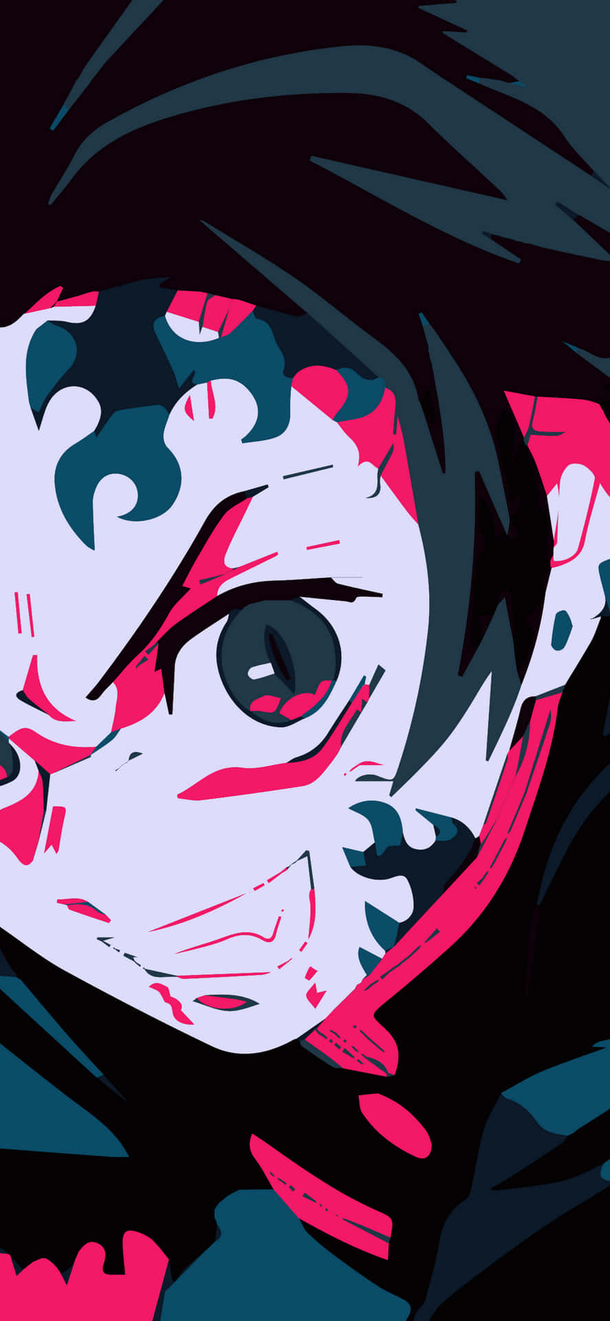 Demon Slayer iPad 桌布 壁紙 — 一個風格化的動漫角色，白色臉上有紅色標記，在黑暗背景下凝視著。