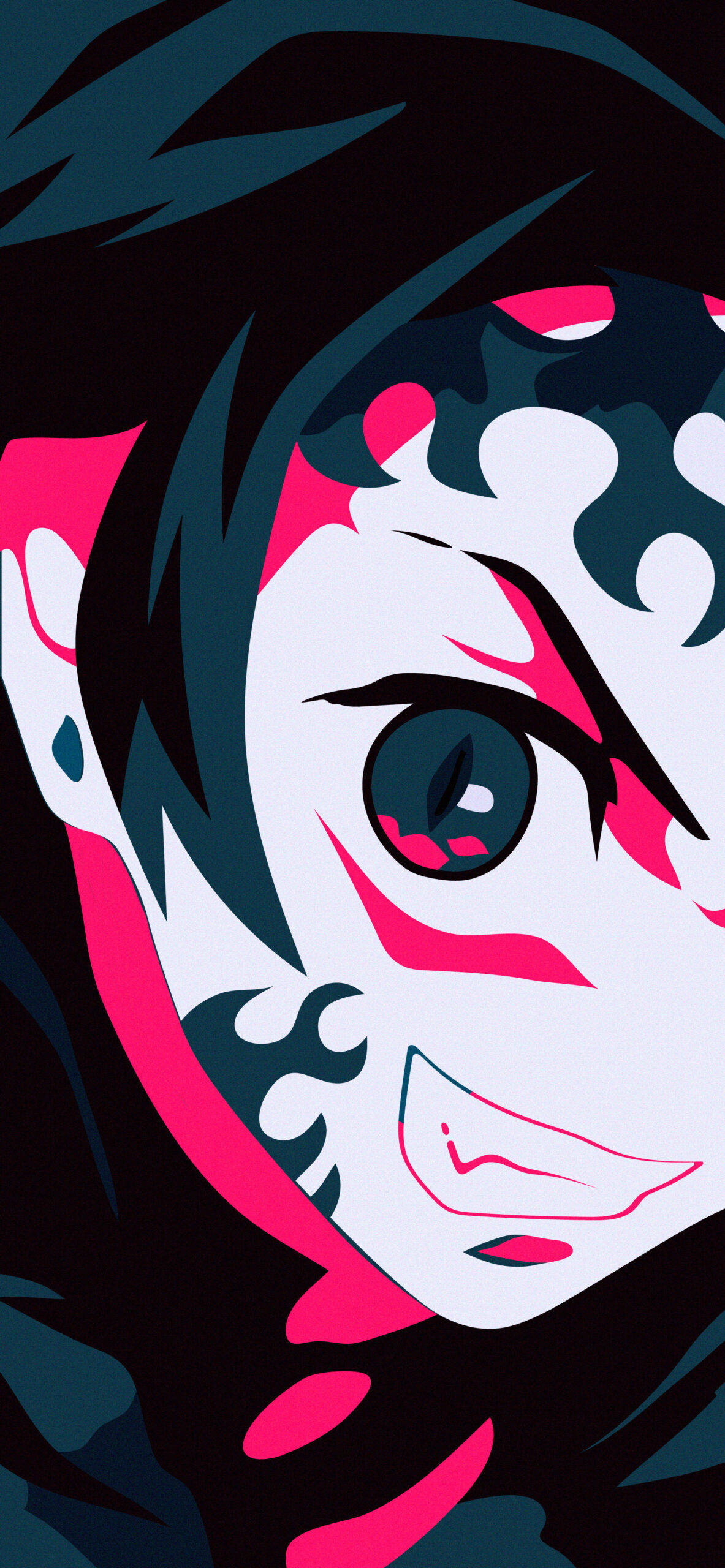Demon Slayer Black And White 桌布 壁紙 — 一個風格化的動漫角色，白色臉龐帶有粉紅色標記和深藍綠色頭髮，在黑色背景下強烈凝視。