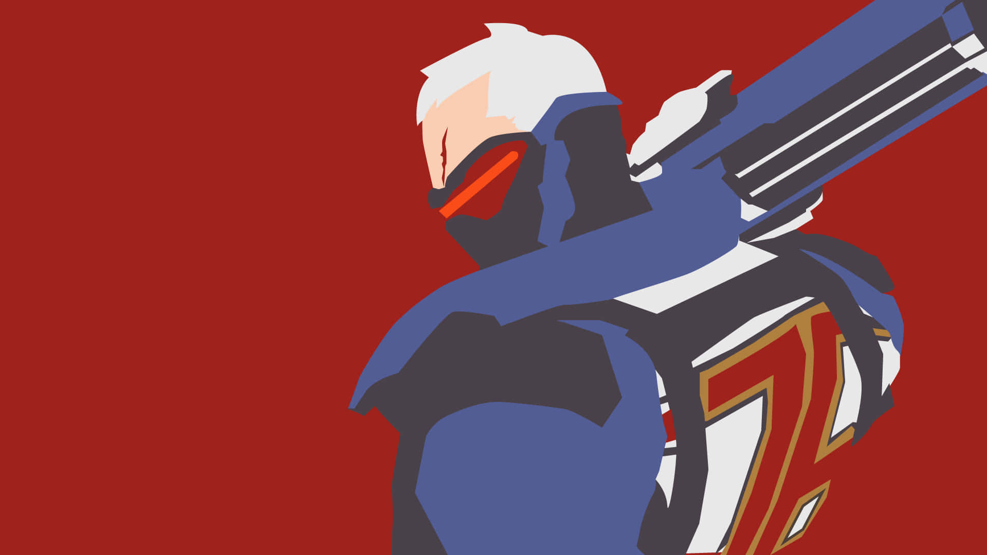 Soldier 76 桌布 壁紙 — 一個風格化的動漫角色，白色頭髮和紅色護目鏡，在純紅色背景上攜帶一把巨大的藍色武器。