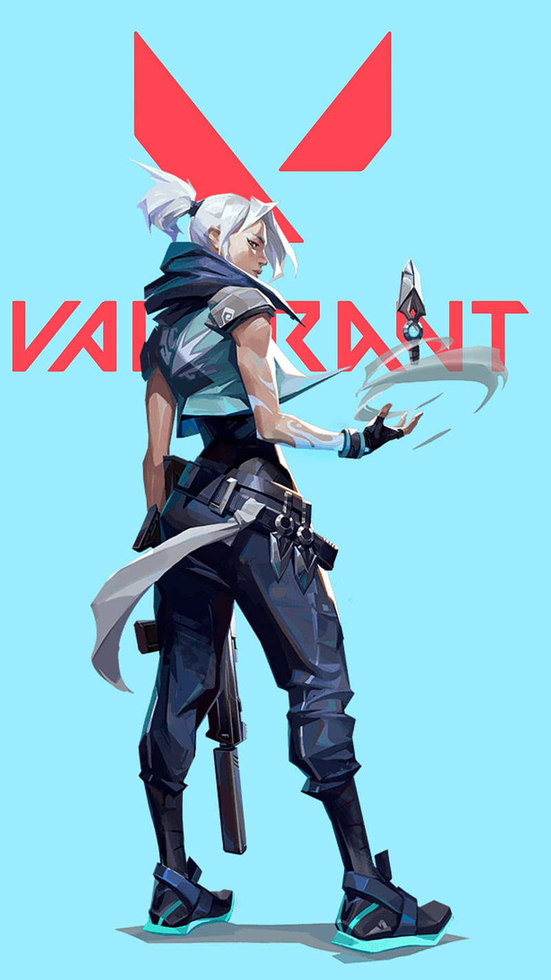 Valorant iPhone 壁紙 桌布 壁紙 — 一個風格化的動漫角色，白色頭髮和戰術裝備，站在淺藍色背景前，背景上有紅色的「VALORANT」字樣。