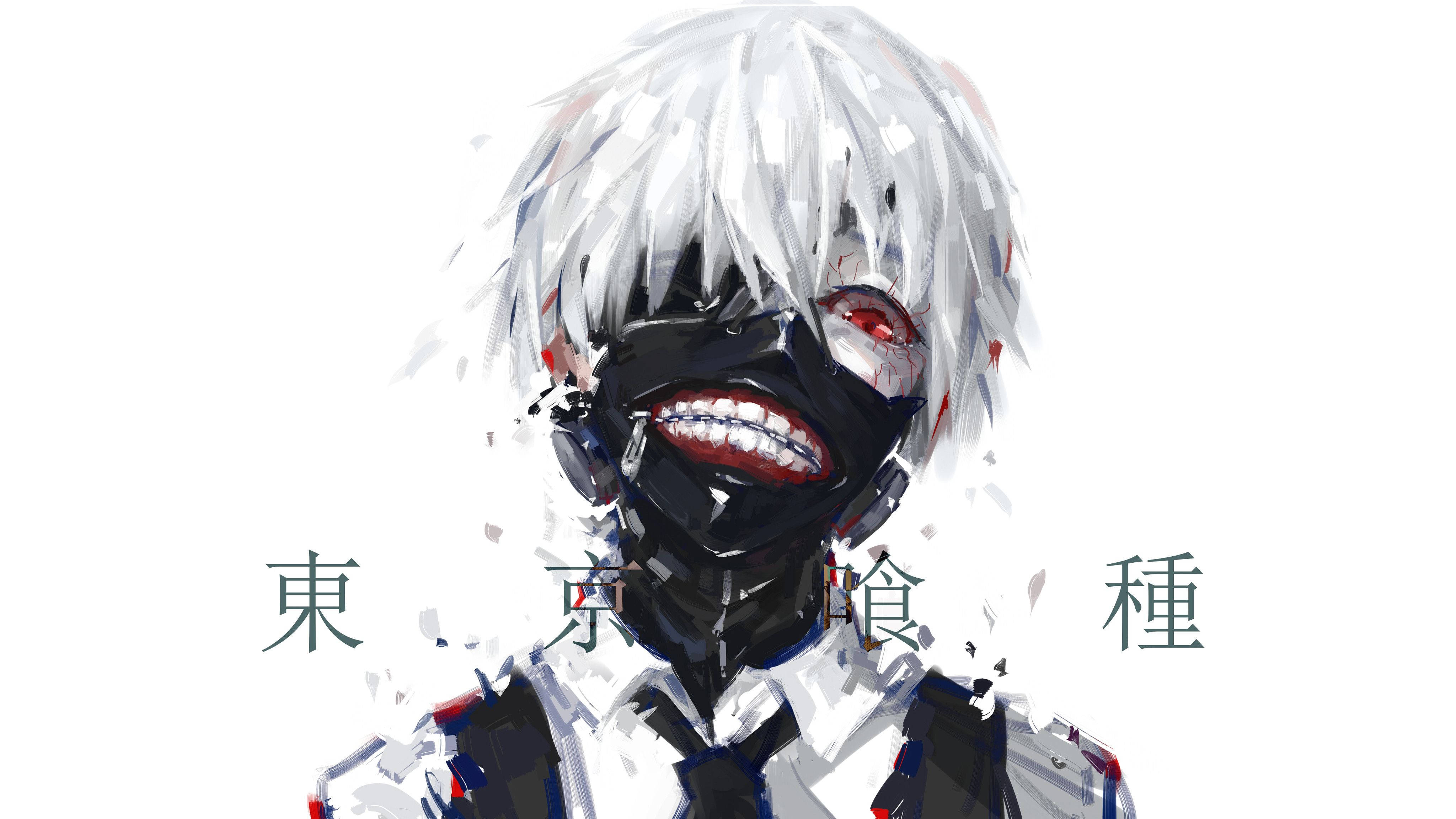 高清動漫 桌布 壁紙 — 一個風格化的動漫角色，白色頭髮和黑色面具，露出寬闊的笑容和紅色眼睛，背景為純白色。