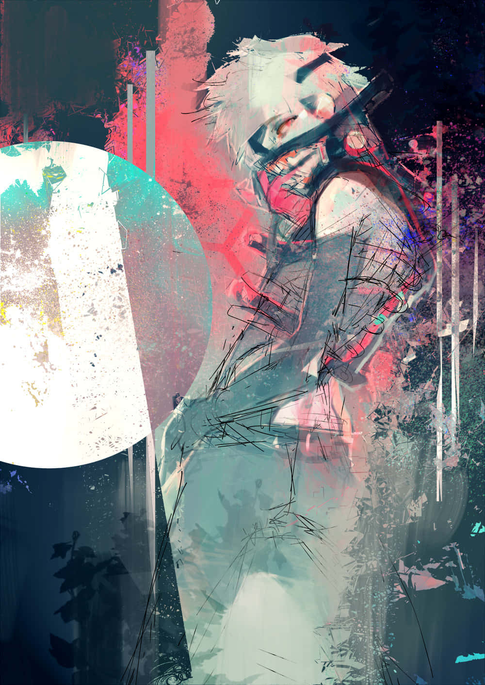 Sui Ishida 桌布 壁紙 — 一個風格化的動漫角色，白色頭髮和紅色眼睛，站在粉紅色、青色和黑色的抽象潑濺中。
