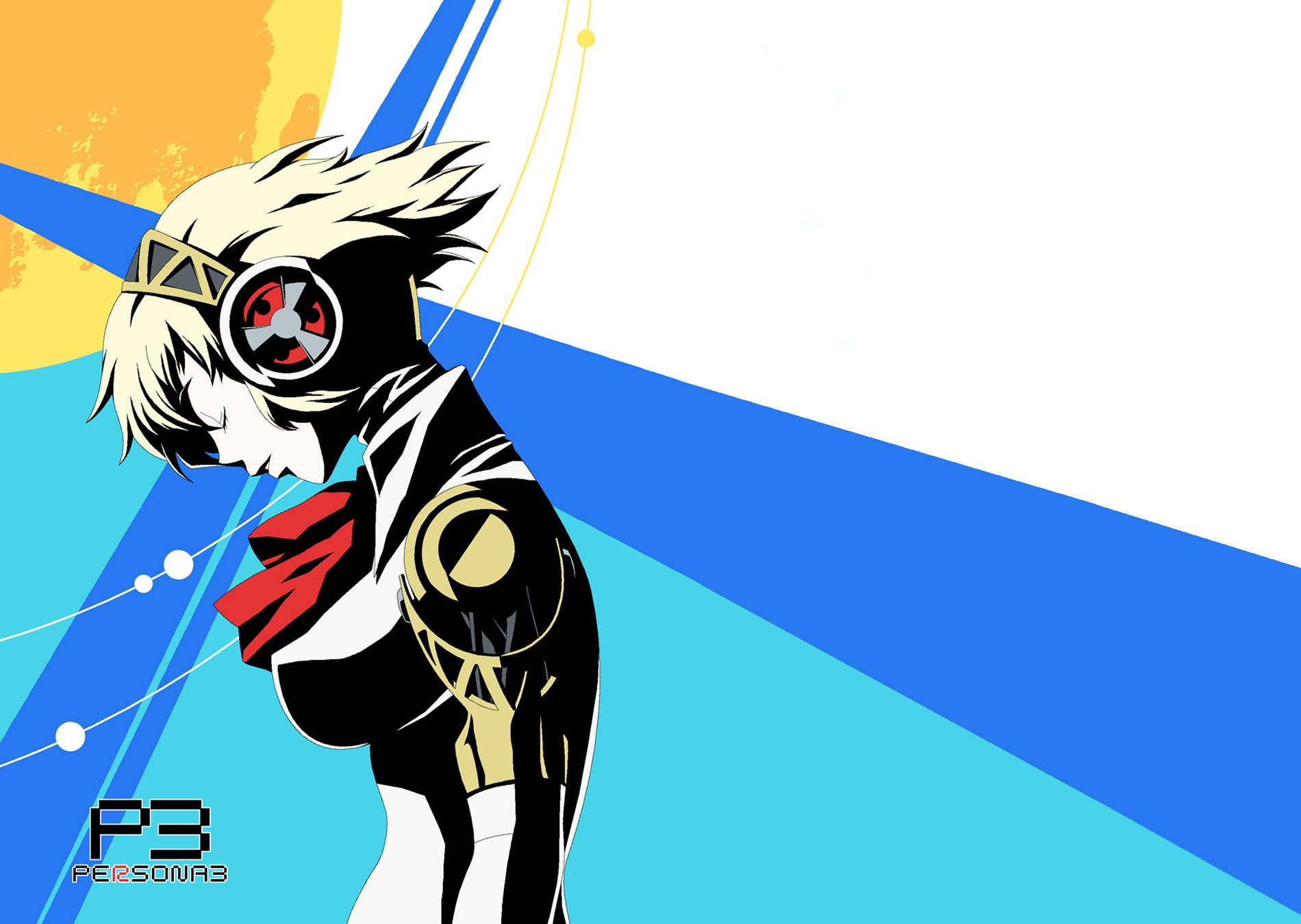 Persona 3 桌布 壁紙 — 一個風格化的動漫角色，白色頭髮和紅色眼部裝備，站在鮮豔的藍色和黃色幾何背景前。