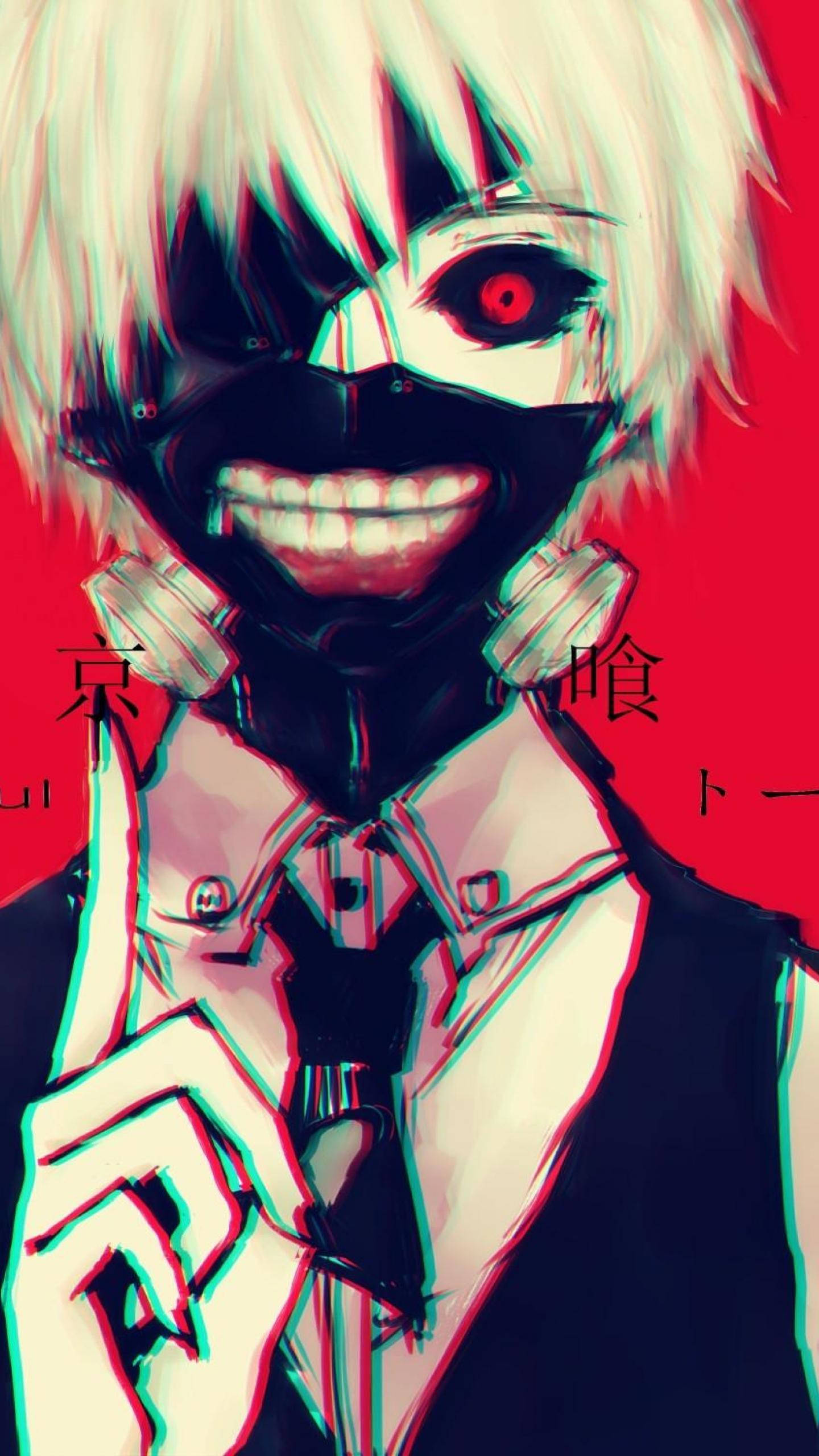 HD anime phone 桌布 壁紙 — 一個風格化的動漫角色，白色頭髮和黑色面具，在鮮紅色背景上咧嘴大笑。