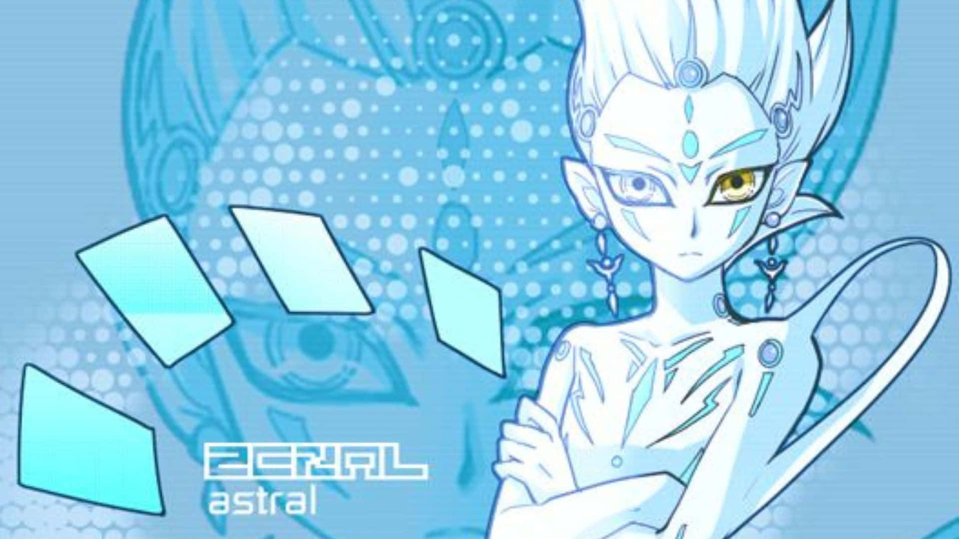 Yu-gi-oh Astral 桌布 壁紙 — 一個風格化的動漫角色，白色頭髮和發光的藍色標記，自信地站在藍色圖案背景前。