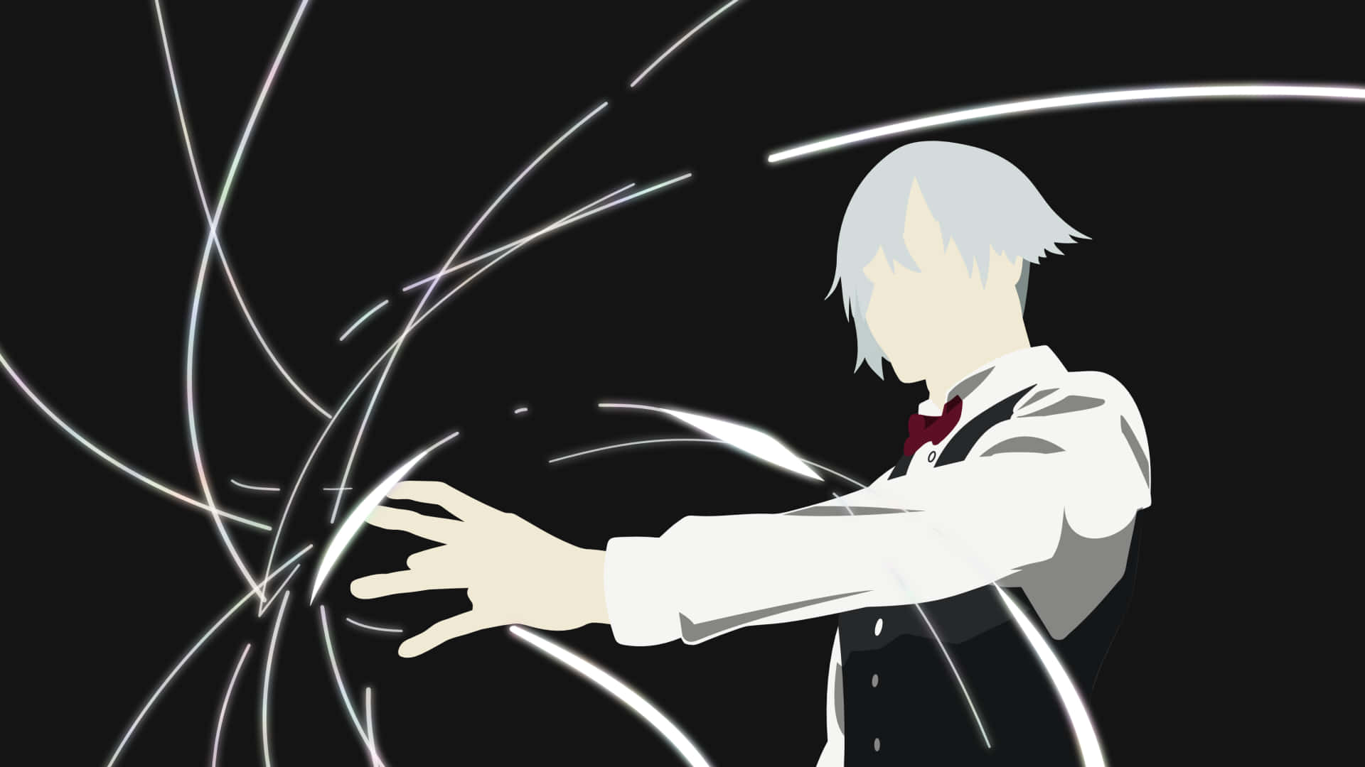 Death Parade 桌布 壁紙 — 一個風格化的動漫角色，白髮，在黑色背景上向發光的白色能量線伸出手。