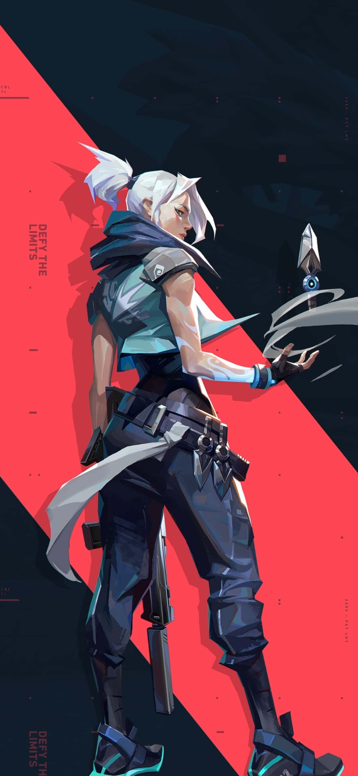 character 桌布 壁紙 — 一個風格化的動漫角色，白髮，穿著未來主義裝備，站在大膽的紅色和黑色對角線背景前。