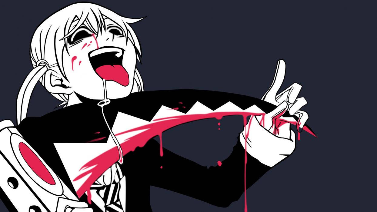 Soul Eater 桌布 壁紙 — 一個風格化的動漫角色，白髮，鮮血從嘴巴和武器滴落，背景黑暗。
