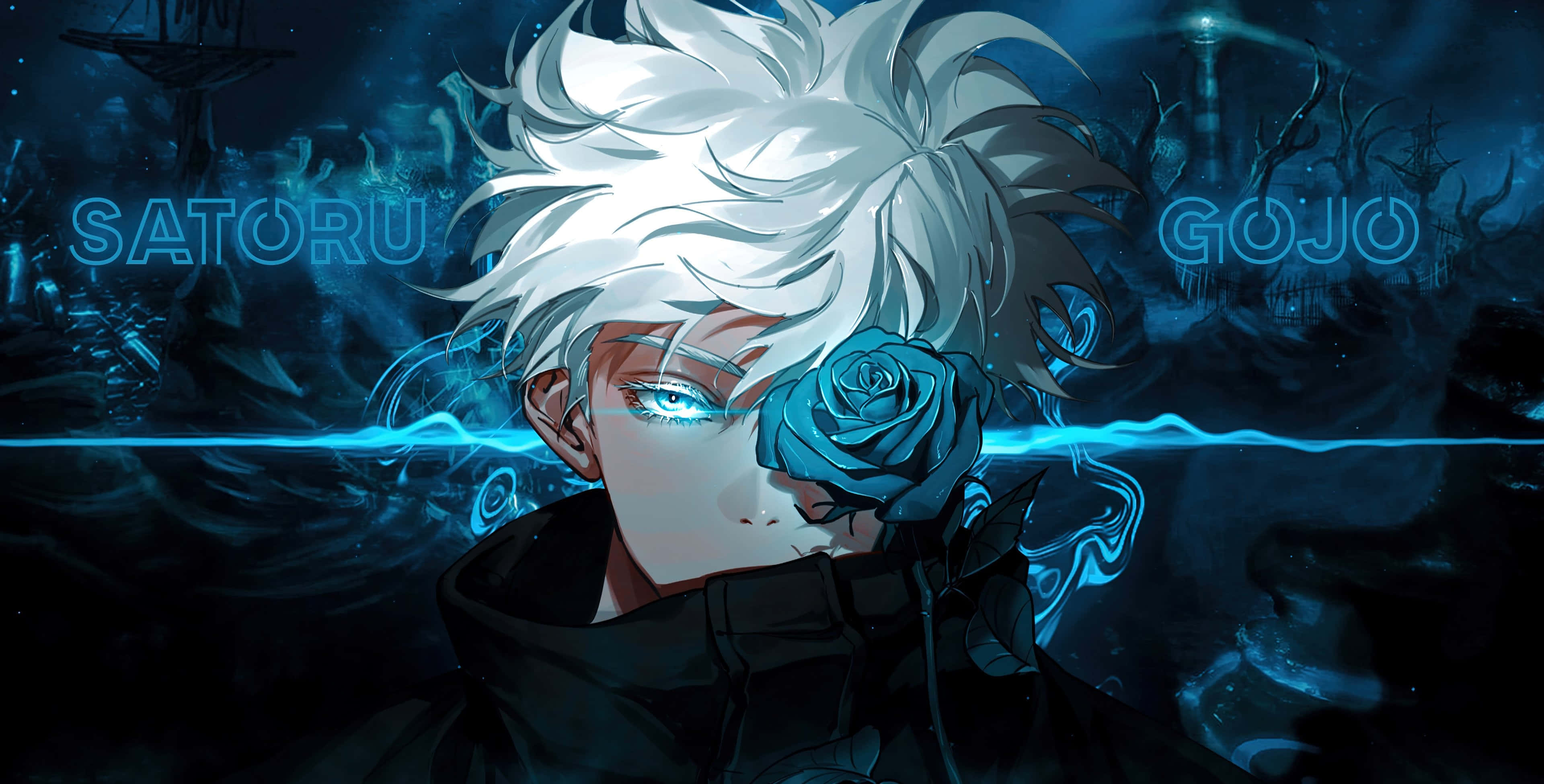 Anime All Characters HD 桌布 壁紙 — 一個風格化的動漫角色，白髮和發光的藍色眼睛，在黑暗神秘的背景中拿著一朵藍玫瑰。