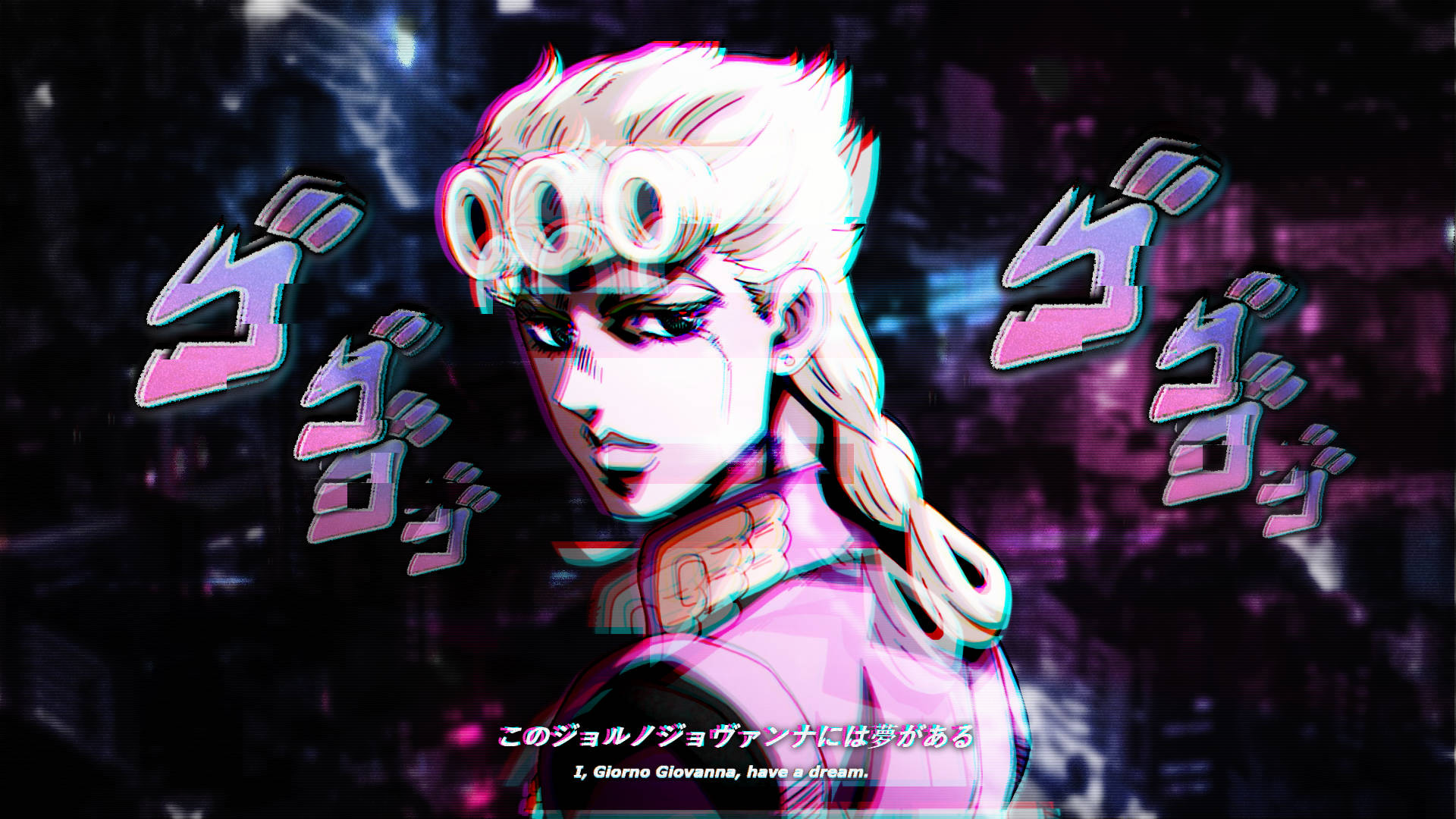 Giorno 桌布 壁紙 — 一個風格化的動漫角色，白髮和護目鏡，在霓虹燈城市景觀中發光，帶有日文字幕效果。
