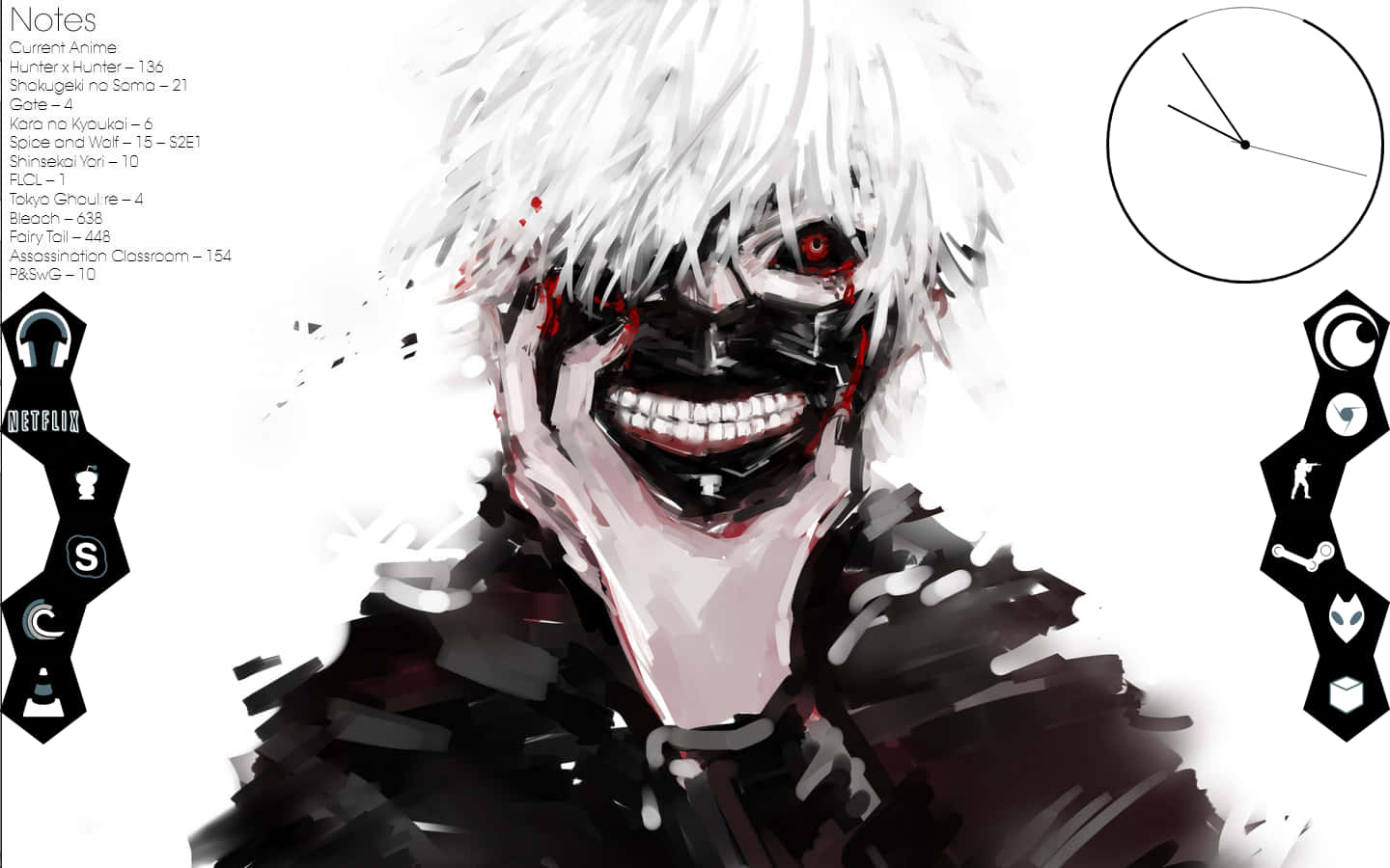 Ken Kaneki 桌布 壁紙 — 一個風格化的動漫角色，白髮和黑色面具，在純白背景上咧嘴大笑。