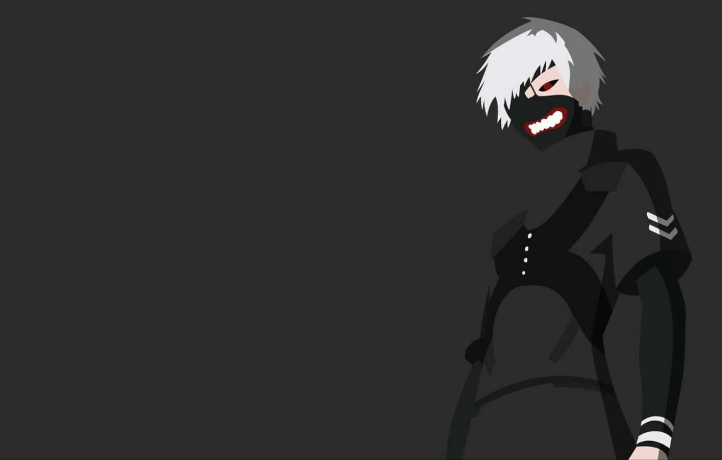 Anime Minimalist 桌布 壁紙 — 一個風格化的動漫角色，白髮和黑色面具，在深灰色背景上露出猙獰的笑容。