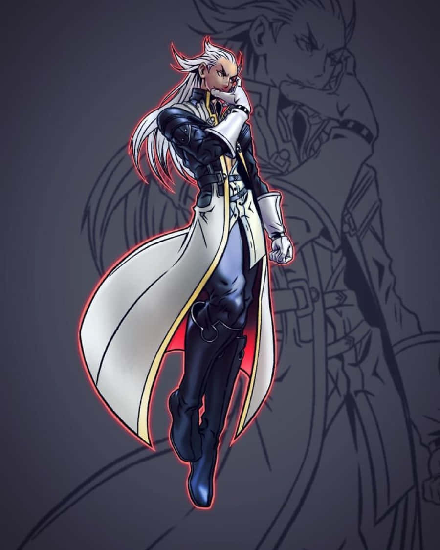 Ansem Seeker Of Darkness 桌布 壁紙 — 一個風格化的動漫角色，白髮帶有紅色亮點，自信地穿著一件在黑暗背景上以發光紅色勾勒出輪廓的長外套。