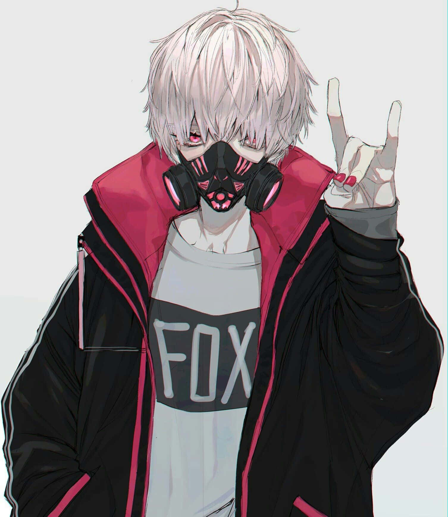 動漫男孩 桌布 壁紙 — 一個風格化的動漫角色，白髮戴著防毒面具，穿著大膽的紅黑外套，做出搖滾手勢。