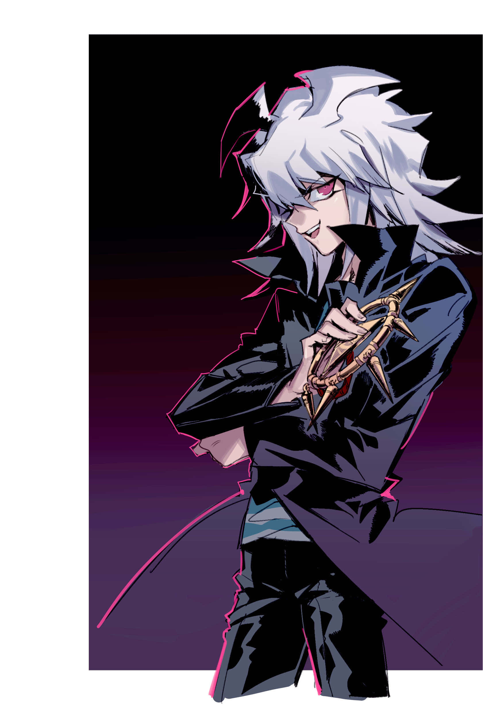 Yami Bakura 桌布 壁紙 — 一個風格化的動漫角色，白髮粉紅眼睛，在深紫色漸變背景前手持帶刺武器。