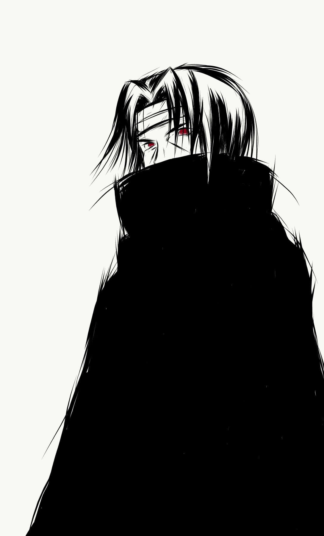 Akatsuki Drawing 桌布 壁紙 — 一個風格化的動漫角色，白髮紅眼，在淺色背景前從黑色斗篷下窺視。