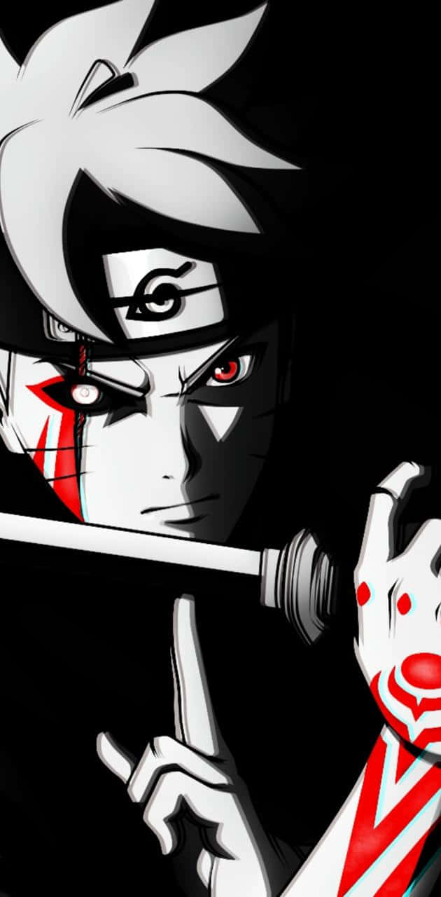 Red And Black Anime 桌布 壁紙 — 一個風格化的動漫角色，白髮紅眼，戴著紅色面具，在黑色背景前手持劍。