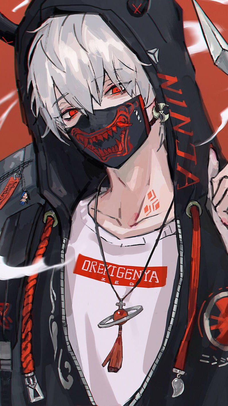Edgy 桌布 壁紙 — 一個風格化的動漫角色，白髮紅眼，穿著黑色連帽衫和帶有紅色惡魔笑容的面具，背景是火橙色。