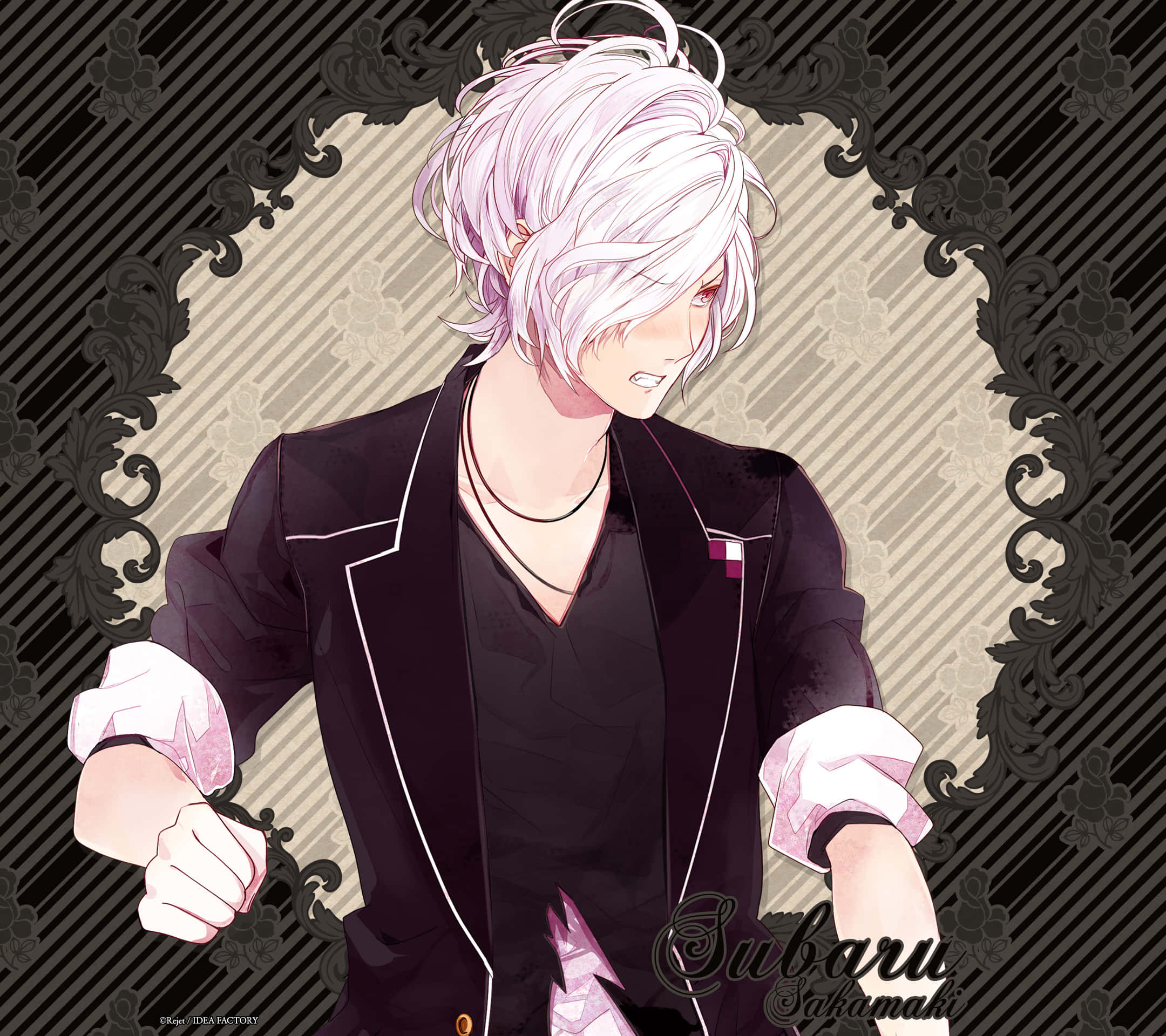 Diabolik Lovers 桌布 壁紙 — 一個風格化的動漫角色，白髮紅眼，穿著帶白色飾邊的黑色西裝外套，背景為裝飾性的黑色和米色。