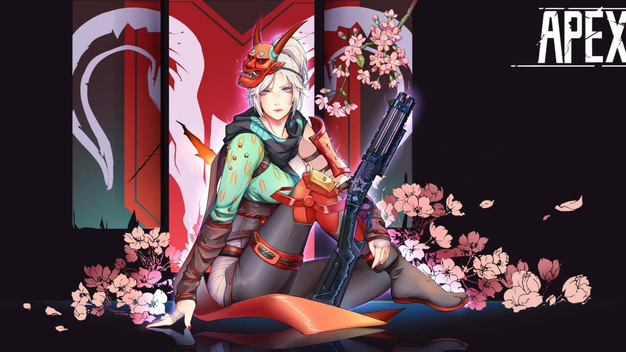 720p Apex Legends 桌布 壁紙 — 一個風格化的動漫角色，白髮紅角，坐在飄落的櫻花中，手持步槍，背景為帶有紅色和白色面板的深色背景。