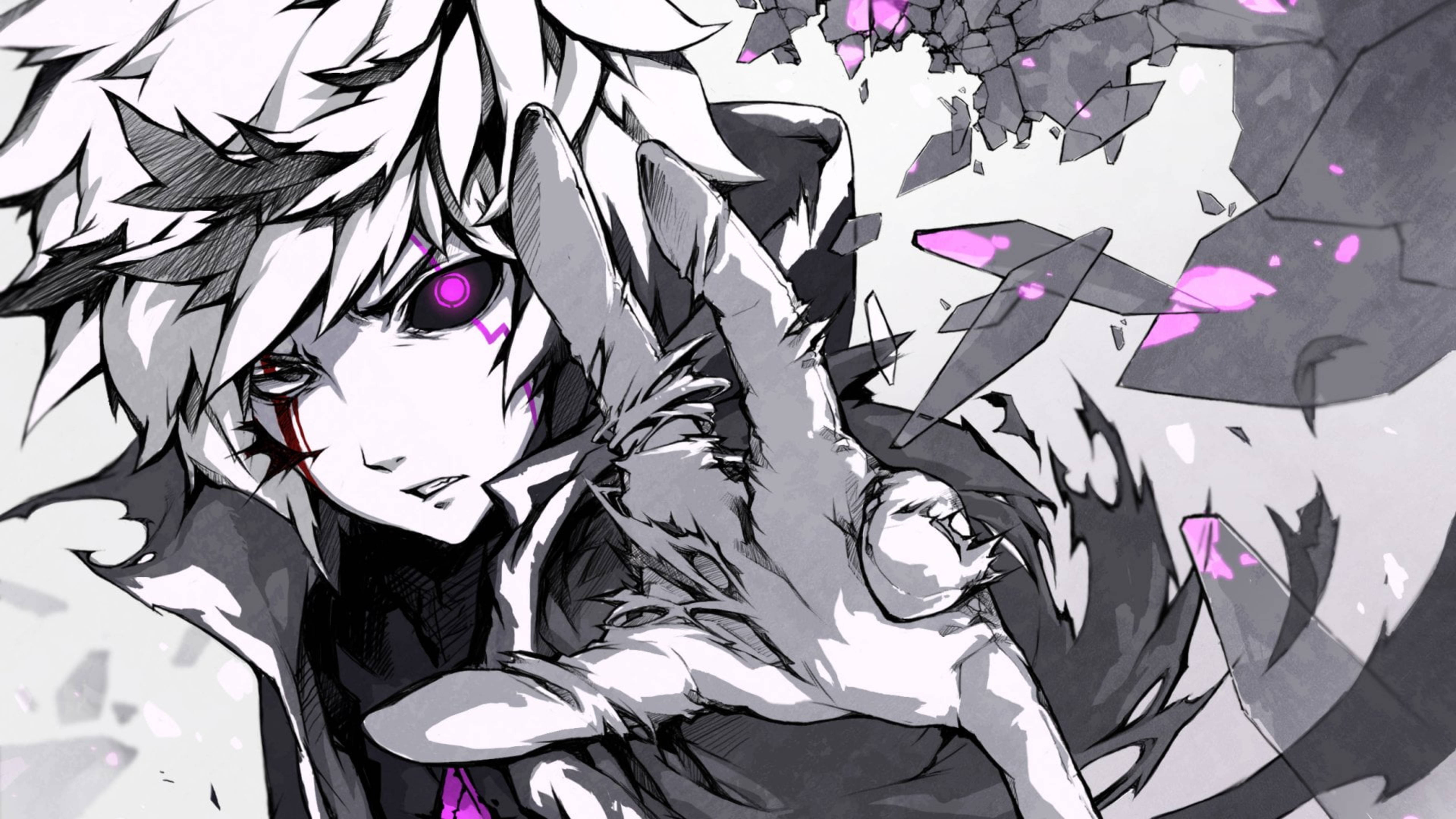 Elsword 桌布 壁紙 — 一個風格化的動漫角色，白髮紫眼，在帶有粉紅色點綴的破碎灰色碎片中抱著一個破損的人偶。