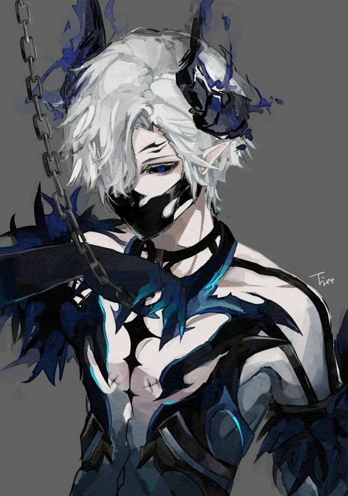 demon boy anime 桌布 壁紙 — 一個風格化的動漫角色，白髮藍眼，戴著黑色面具和盔甲，被鎖鏈鎖在灰色背景上。