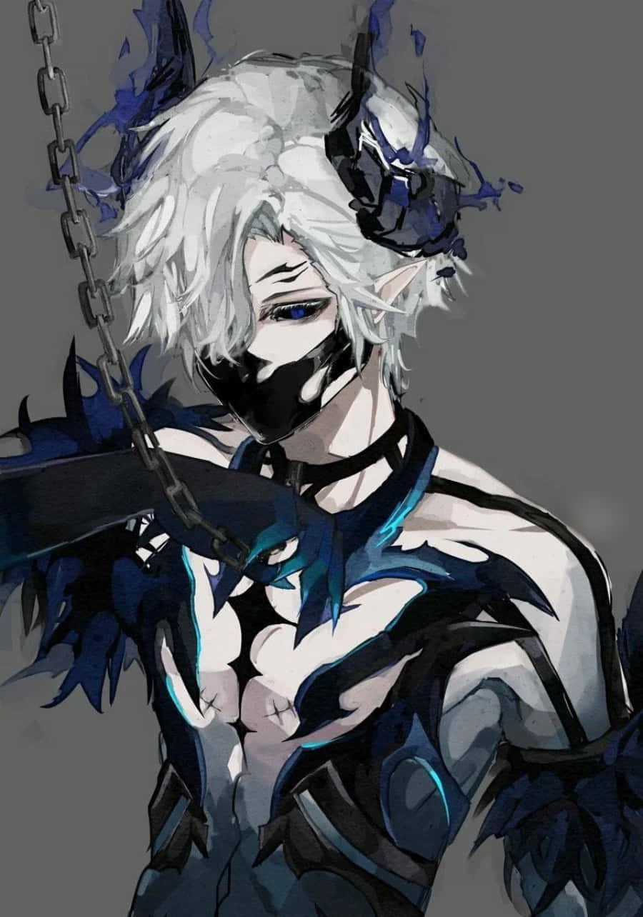 動漫惡魔 桌布 壁紙 — 一個風格化的動漫角色，白髮藍眼，戴著黑色面具和盔甲，被鏈條懸掛在灰色背景上。