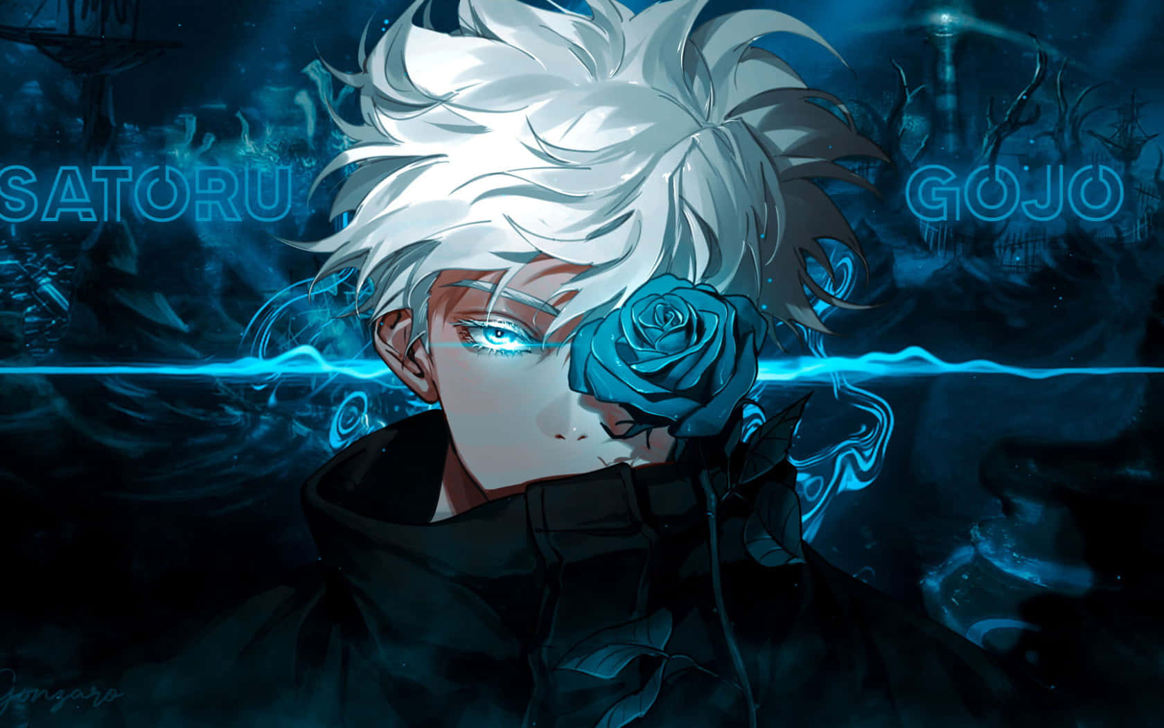 Cool Anime Blue 桌布 壁紙 — 一個風格化的動漫角色，白髮藍眼，在黑暗神秘背景中手持藍玫瑰。