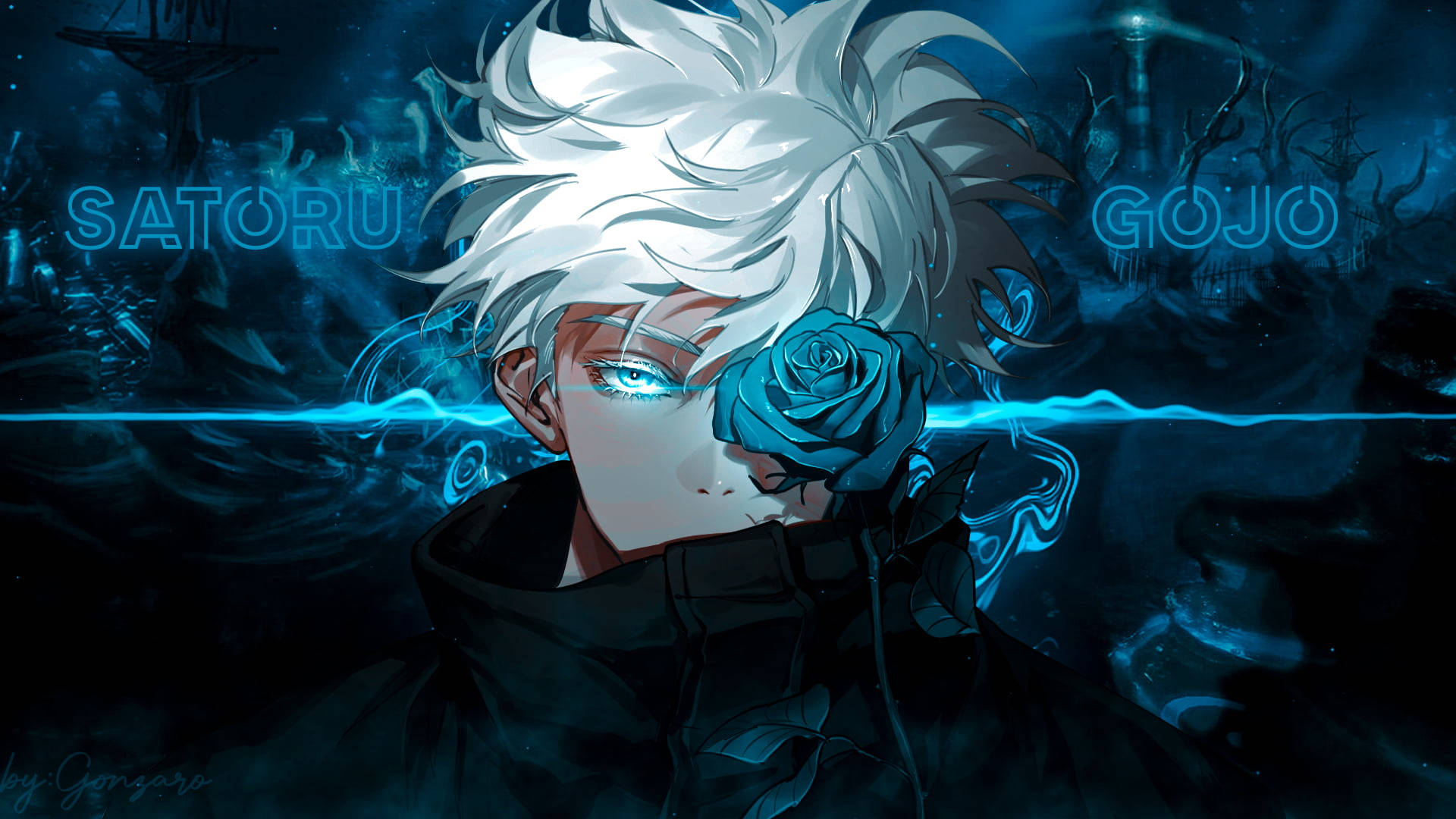 Anime Pc 桌布 壁紙 — 一個風格化的動漫角色，白髮藍眼，在黑暗神秘的背景下手持藍色玫瑰。