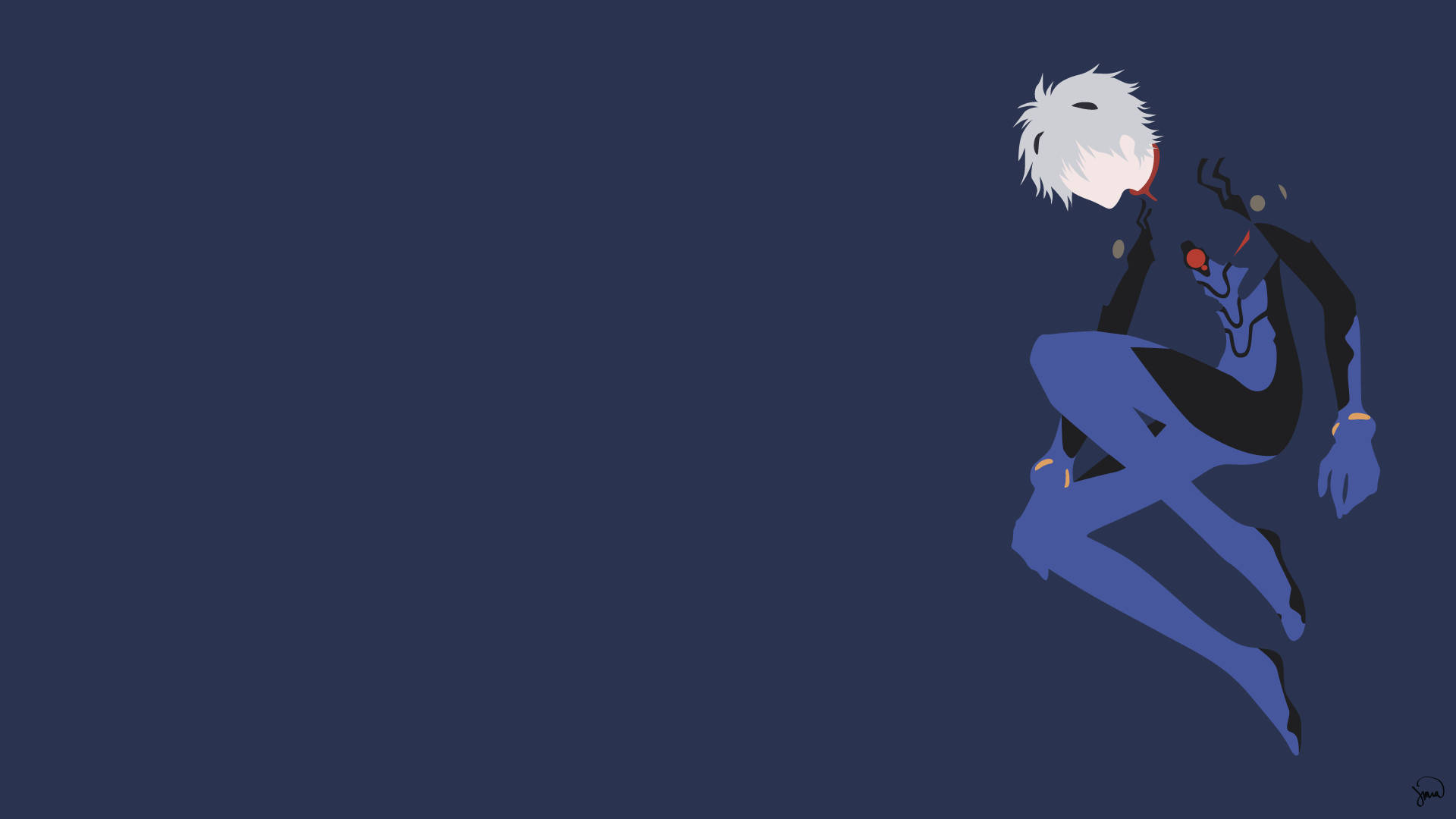 kaworu nagisa 桌布 壁紙 — 一個風格化的動漫角色，白髮藍色西裝，獨自坐在深藍色背景前。