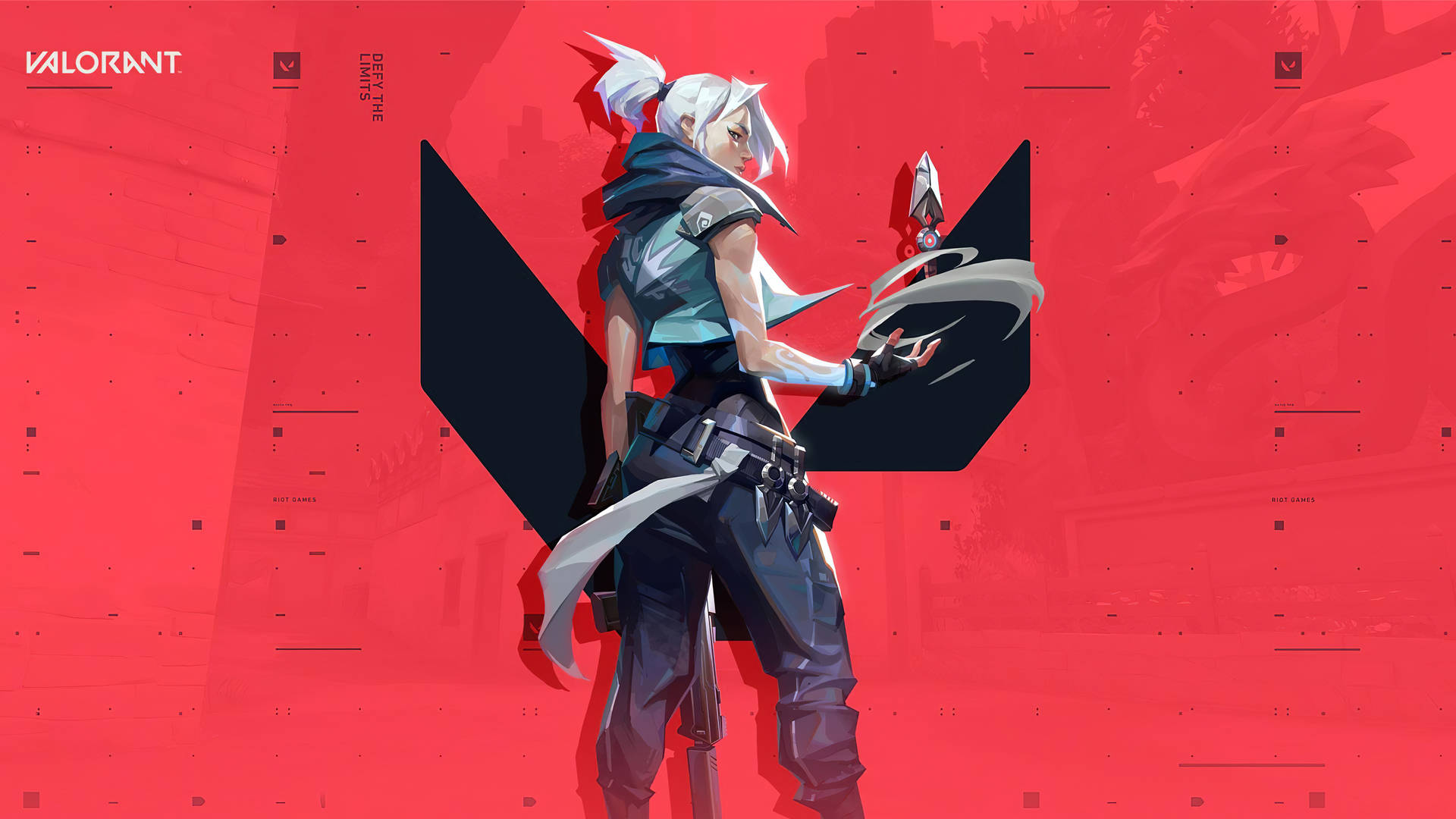 來自Valorant的動漫角色在紅色背景前手持武器。 — Valorant Logo 壁紙