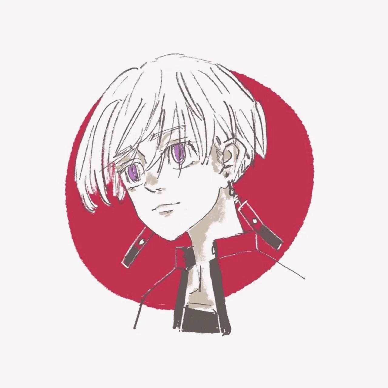 izana kurokawa 桌布 壁紙 — 一個風格化的動漫角色，短白髮和紫色眼睛，穿著紅色外套，背景是鮮明的紅色圓形。