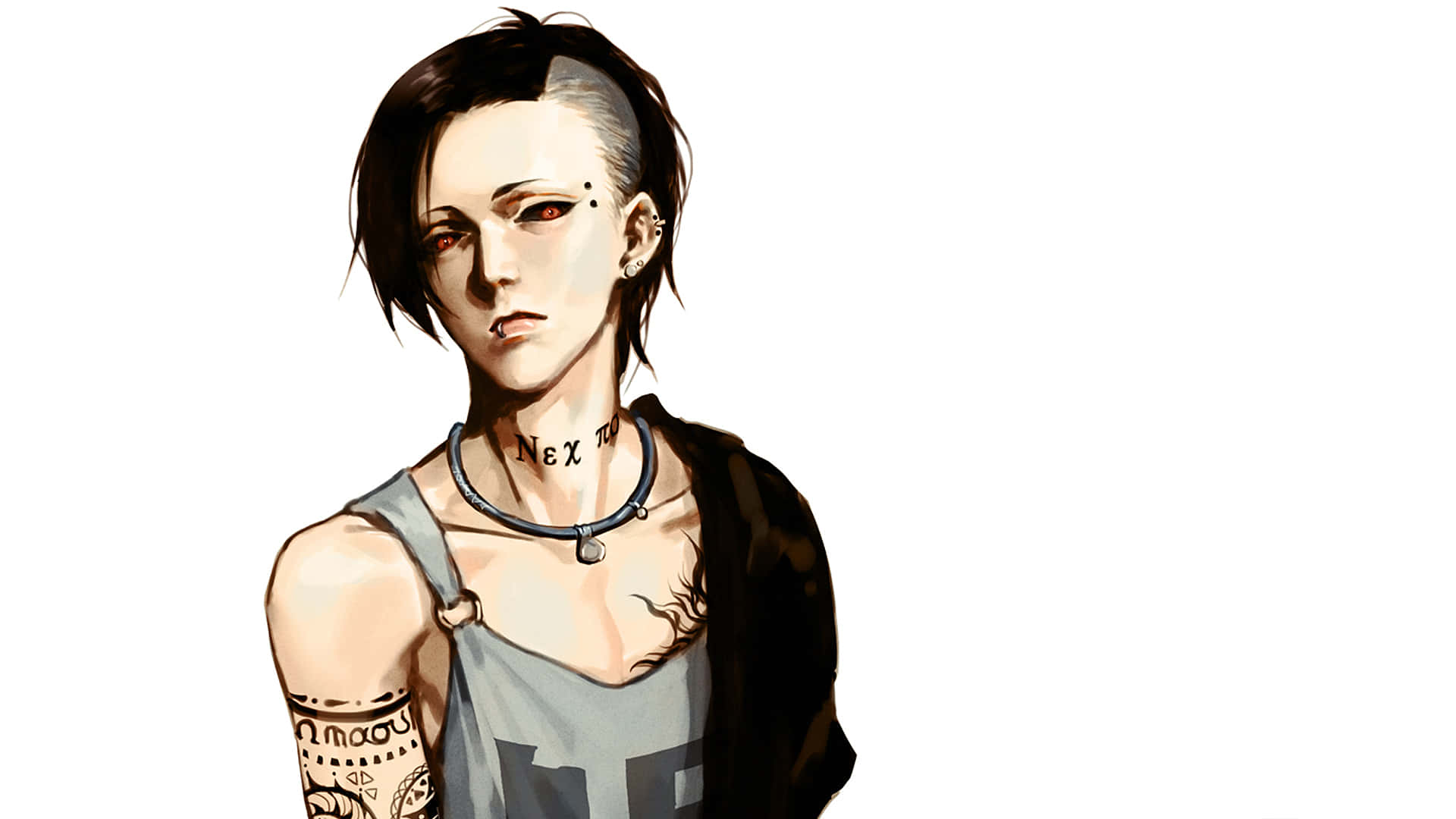 Tokyo Ghoul Uta 桌布 壁紙 — 一個風格化的動漫角色，短黑髮紅眼，穿著背心，頸部和手臂有刺青，背景為純白色。