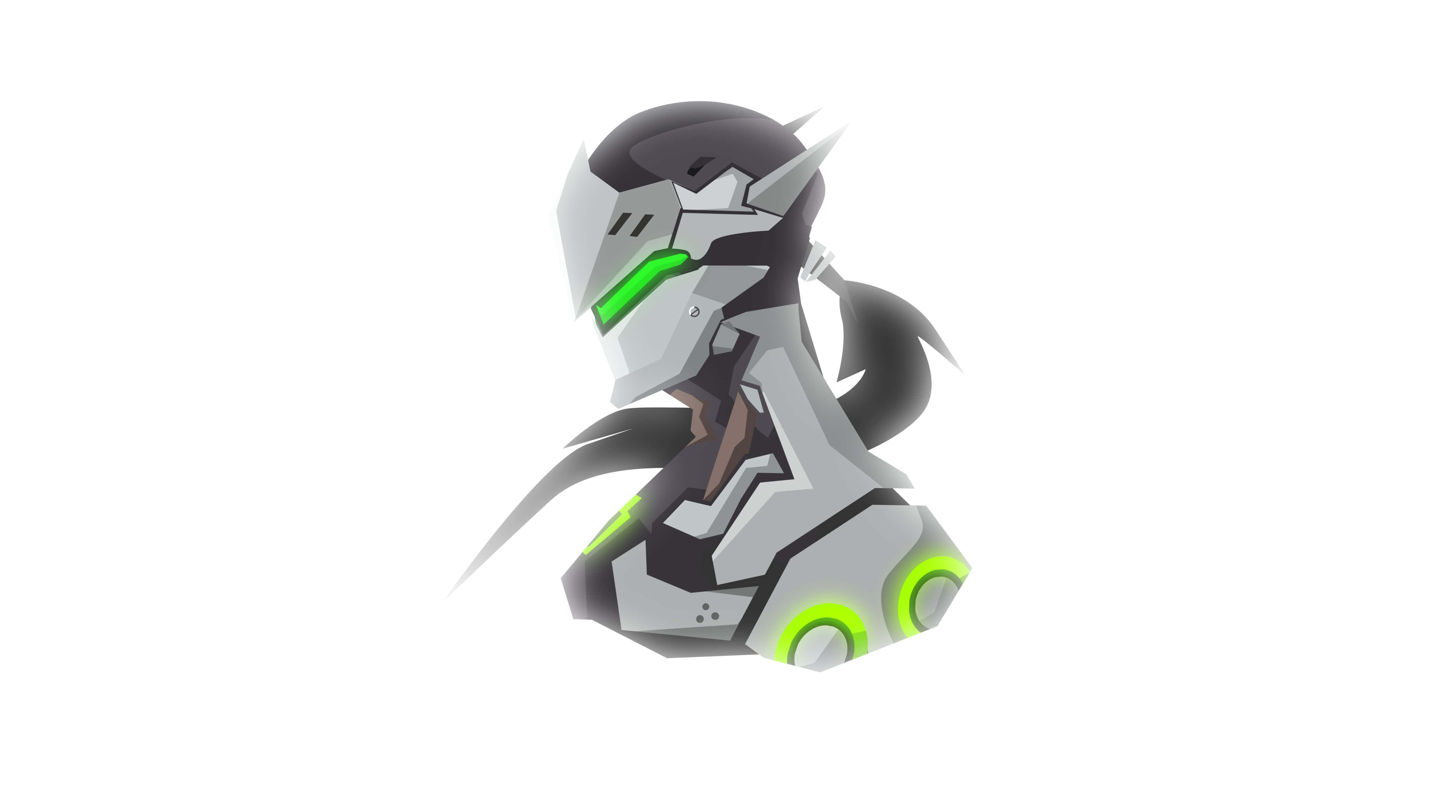 Genji 4K 桌布 壁紙 — 一個風格化的動漫角色，穿著光滑的銀色和黑色盔甲，帶有發光的綠色點綴和馬尾辮。