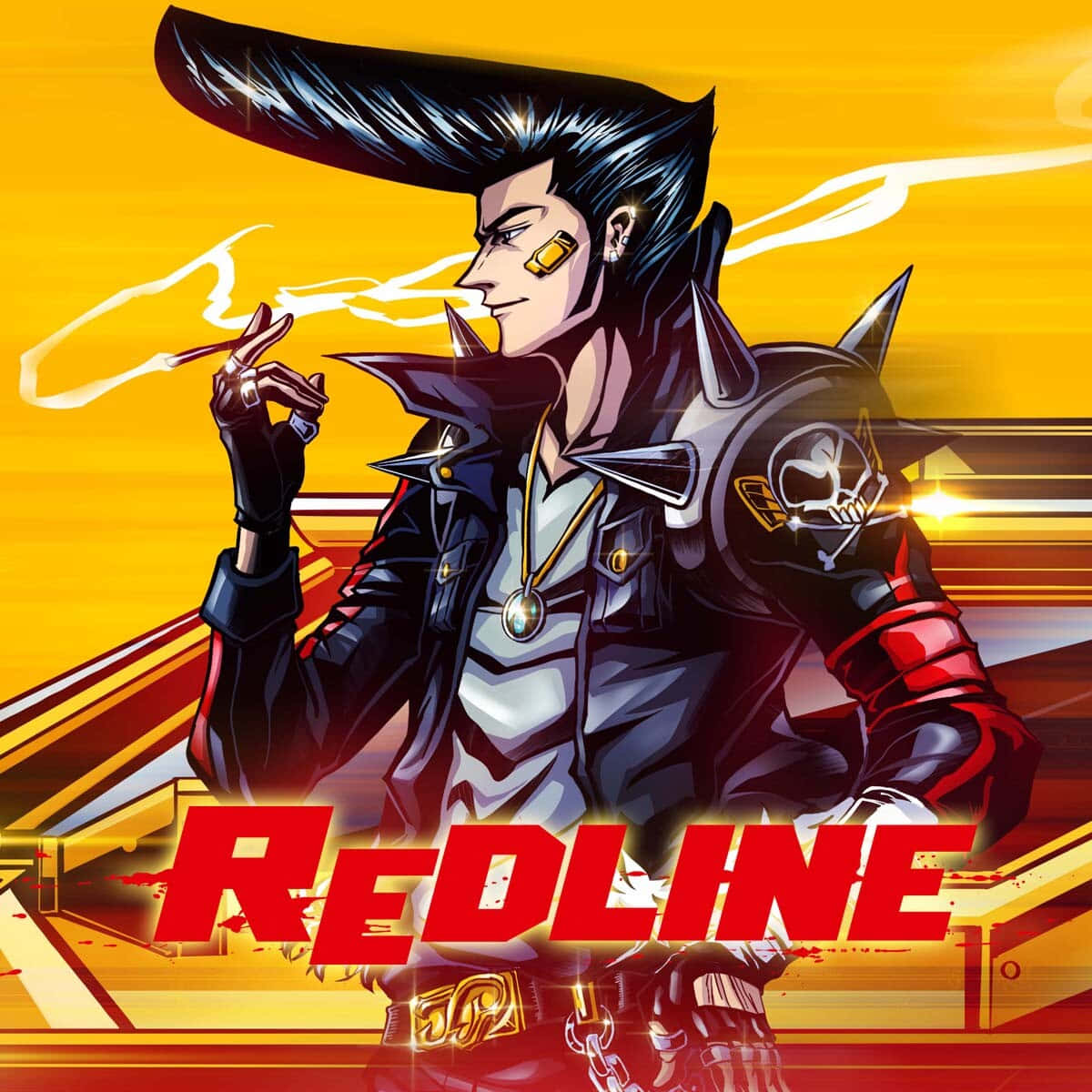 Redline 桌布 壁紙 — 一個風格化的動漫角色，穿著帶有尖刺的黑色外套和戲劇性的頭髮，在火黃色背景前抽煙。