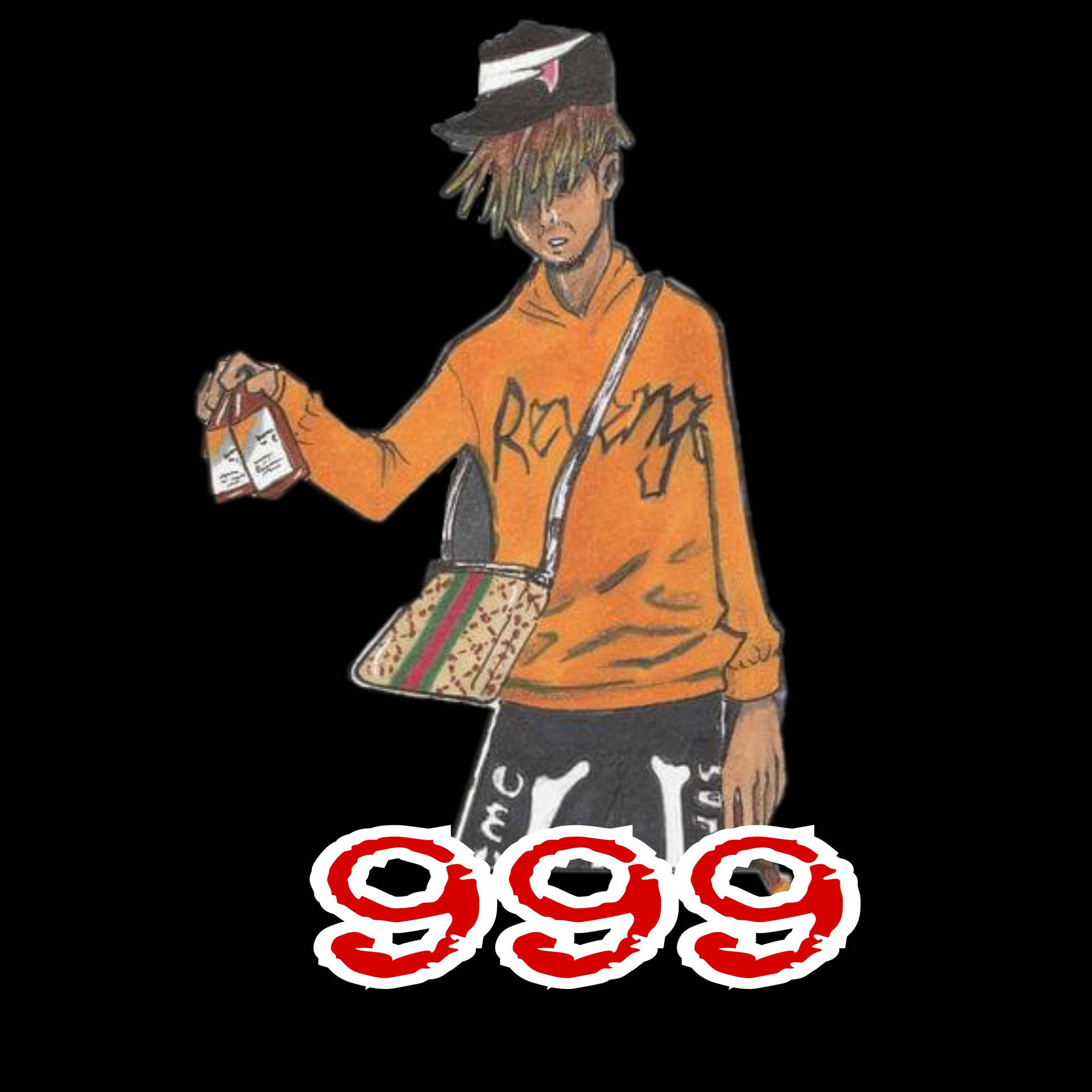 穿著橙色連帽衫的動漫角色，手持帶有圖案包和紅色999文字的瓶子。 — Juice Wrld 壁紙
