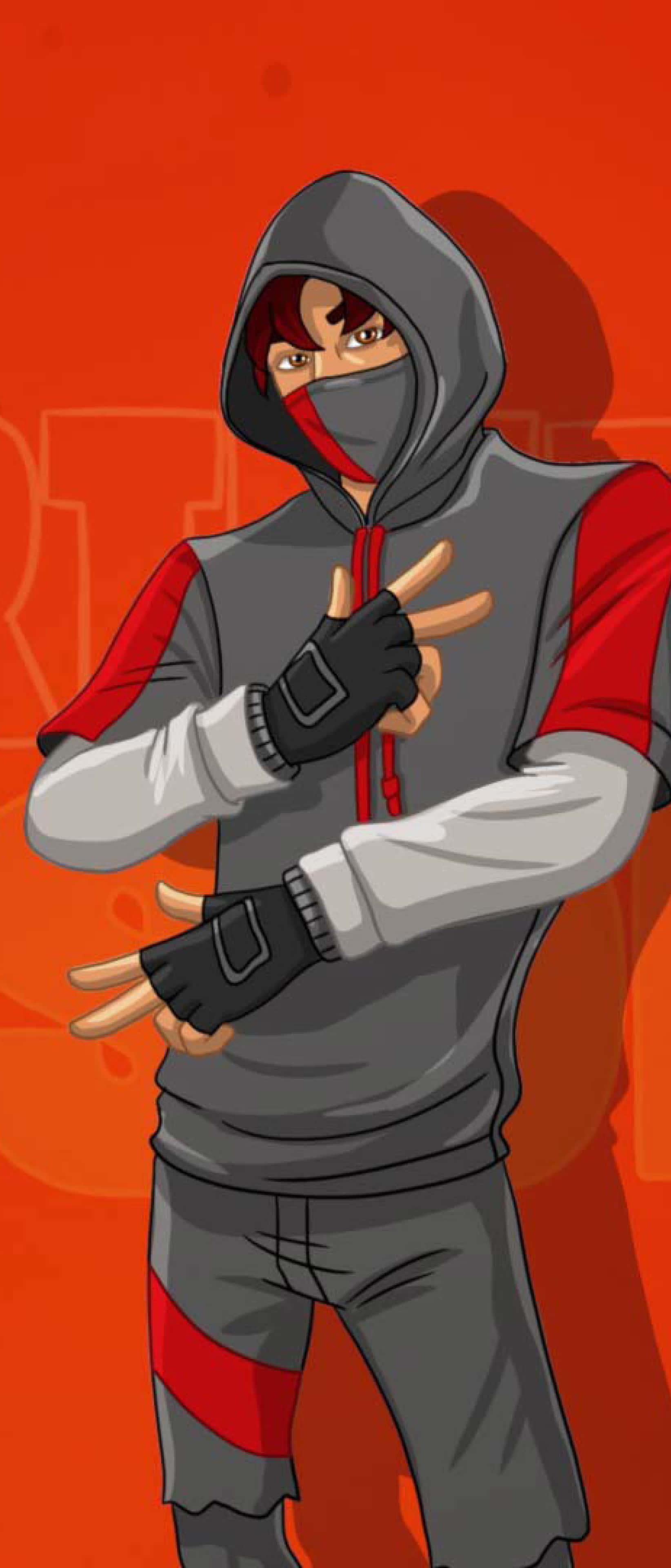 Fortnite Ikonik Skin 桌布 壁紙 — 一個風格化的動漫角色，穿著灰色連帽衫並帶有紅色點綴，在充滿活力的橙色背景前擺出自信的姿勢。