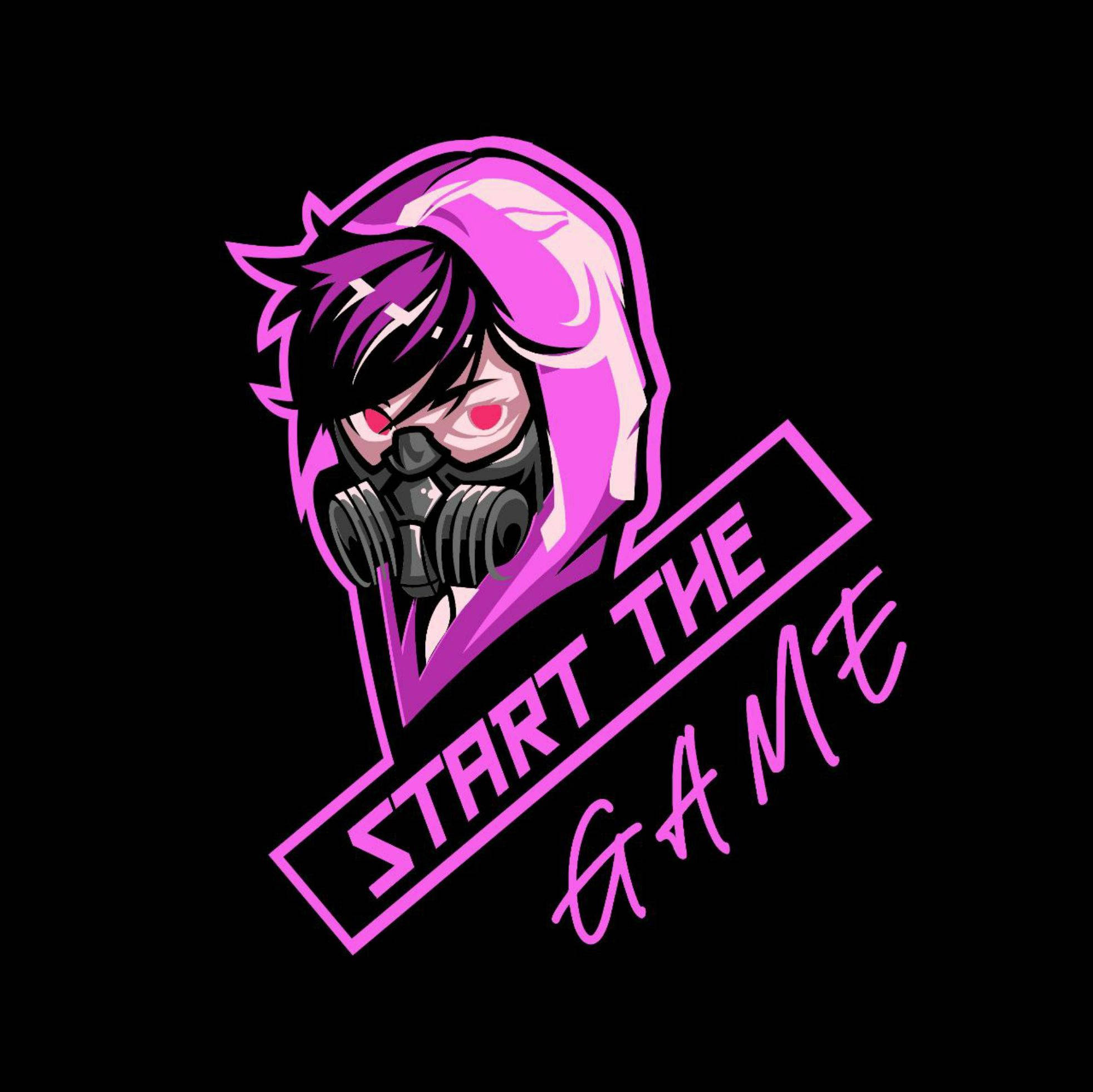 Gamer Logo 桌布 壁紙 — 一個風格化的動漫角色，穿著粉紅色連帽衫和防毒面具，帶有發光的紅色眼睛和「START THE GAME」文字。