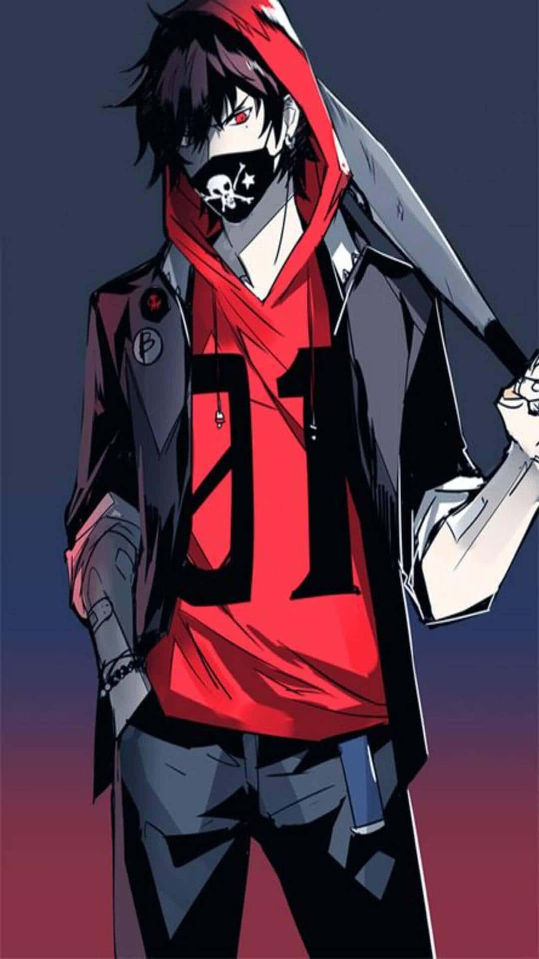 動漫男孩 桌布 壁紙 — 一個風格化的動漫角色，穿著紅色連帽衫和黑色面具，在暮色天空下握著一把大劍。