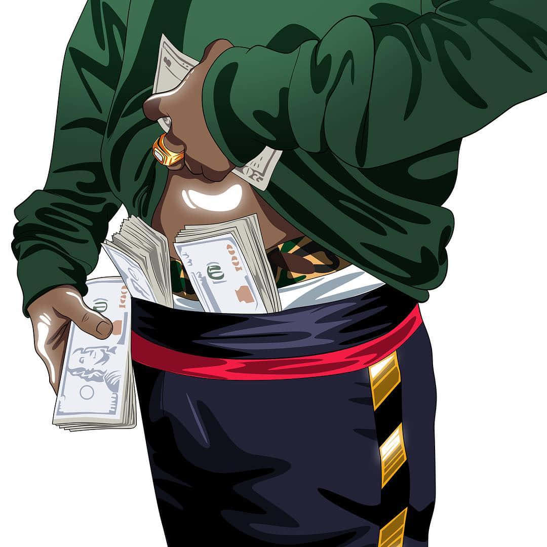 Ynw Melly Cartoon 桌布 壁紙 — 一個風格化的動漫角色，穿著綠色連帽衫和黑色褲子，繫著紅色腰帶，從腰間拉出一疊疊美元鈔票。