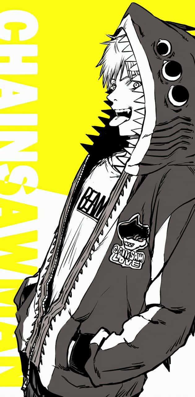 動漫男孩 桌布 壁紙 — 一個風格化的動漫角色，穿著鯊魚主題連帽衫，有鋒利的牙齒和眼睛，背景是鮮豔的黃色。