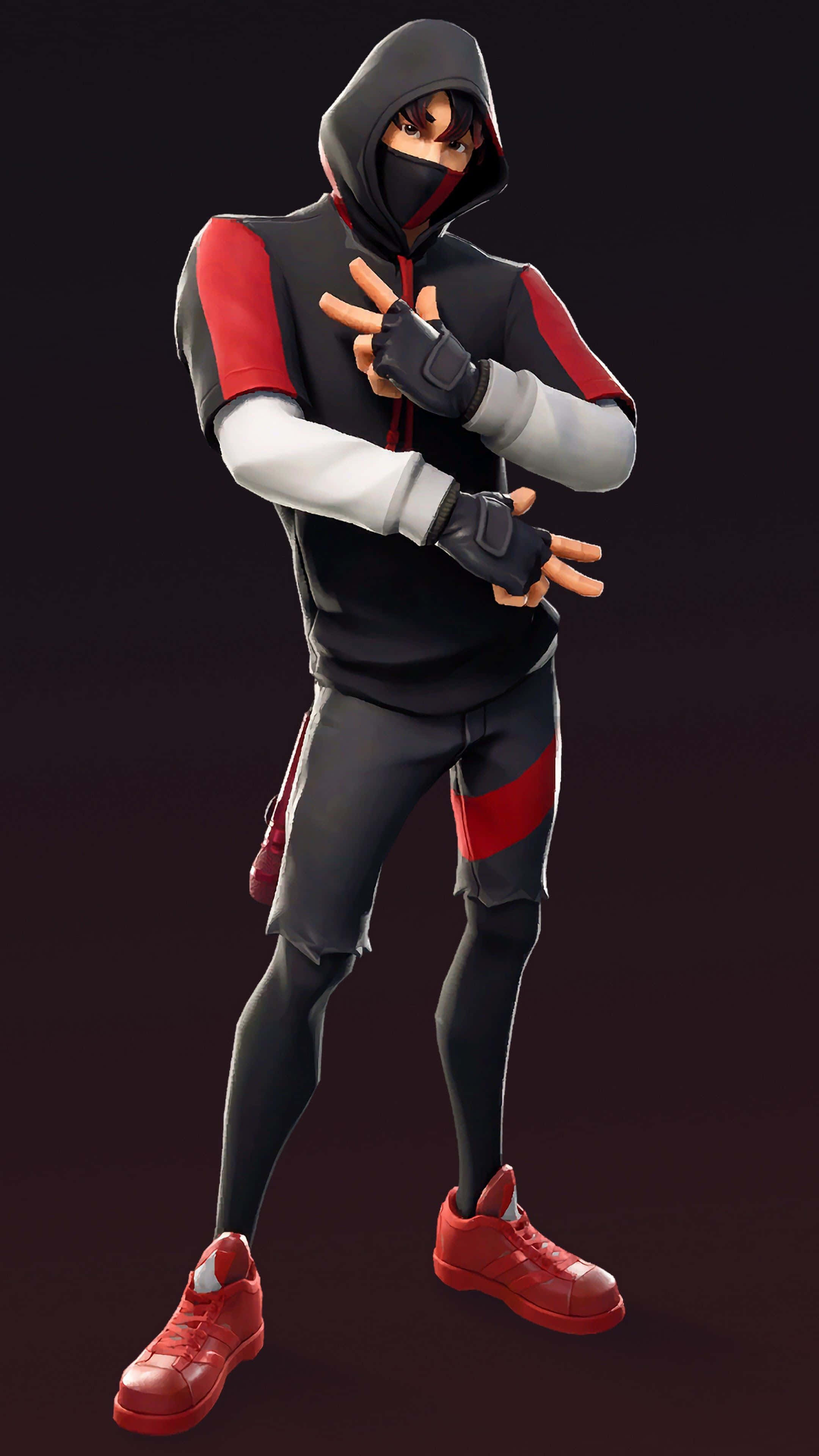 Fortnite Ikonik Skin 桌布 壁紙 — 一個風格化的動漫角色，穿著黑、紅、白連帽衫、面具和手套，在黑暗背景前擺出自信姿勢。