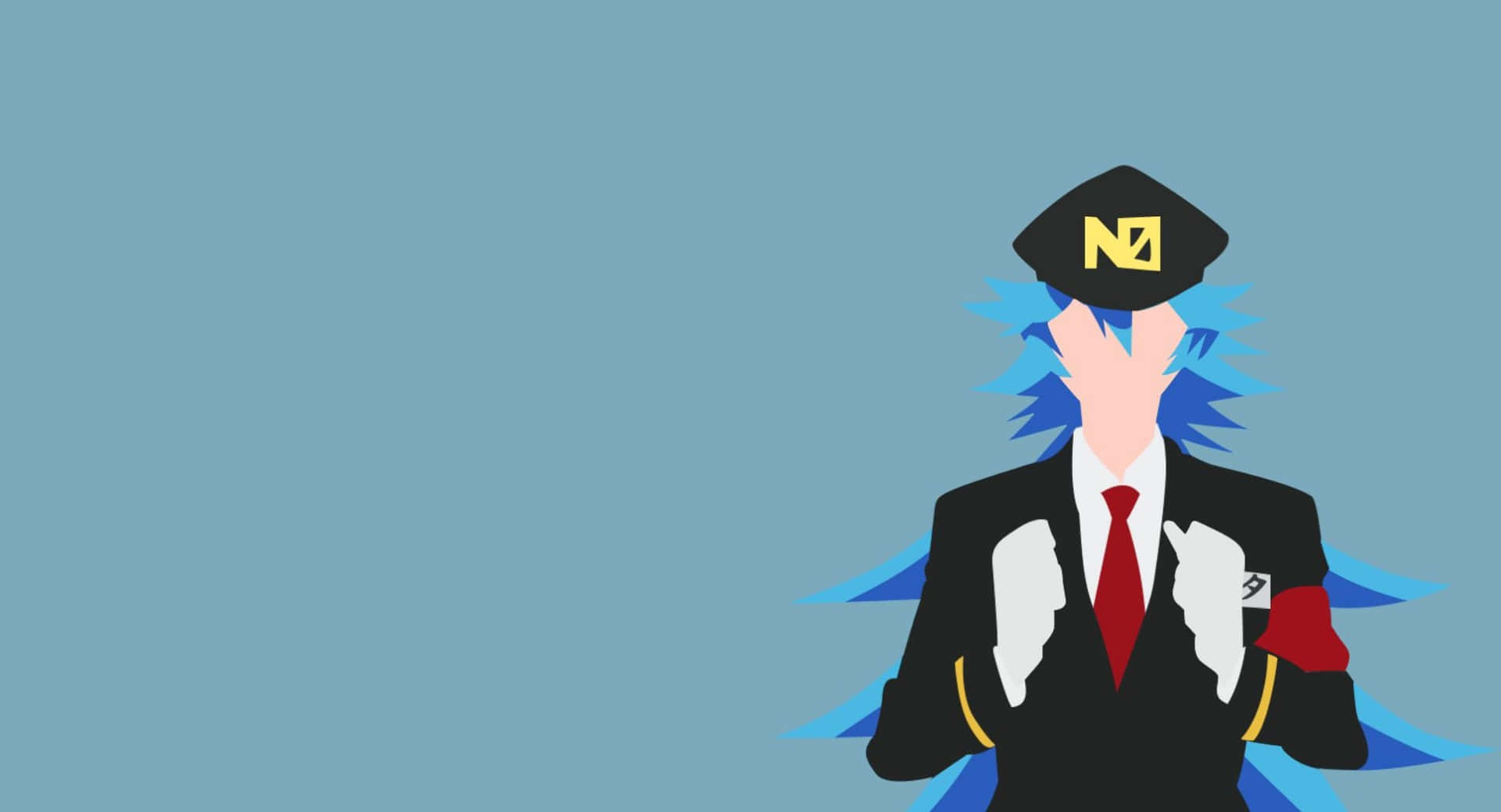 Anime Minimalist 桌布 壁紙 — 一個風格化的動漫角色，穿著黑色制服，藍色頭髮，紅色領帶，在純藍色背景前用手遮住臉。