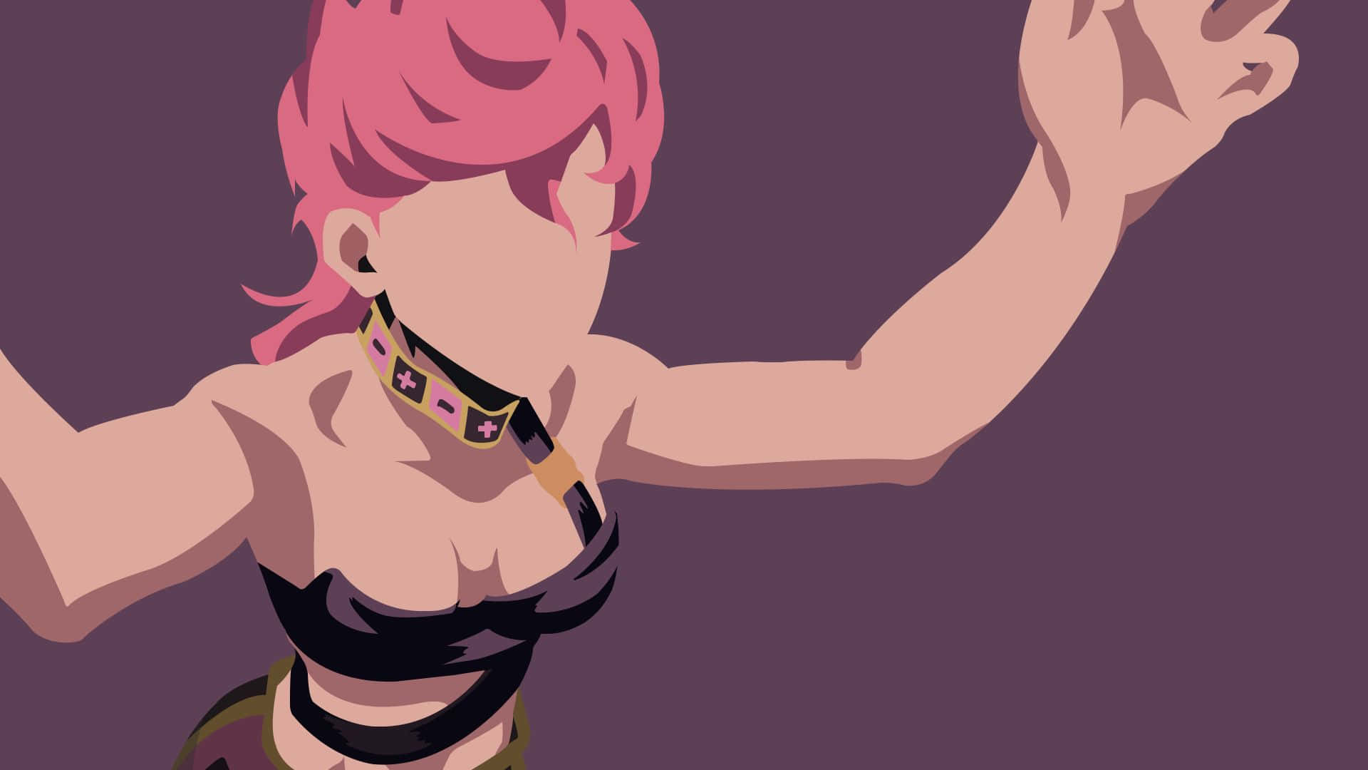 Trish Una 桌布 壁紙 — 一個風格化的動漫角色，粉紅色頭髮和黑色服裝，在純紫色背景上動態擺姿勢。