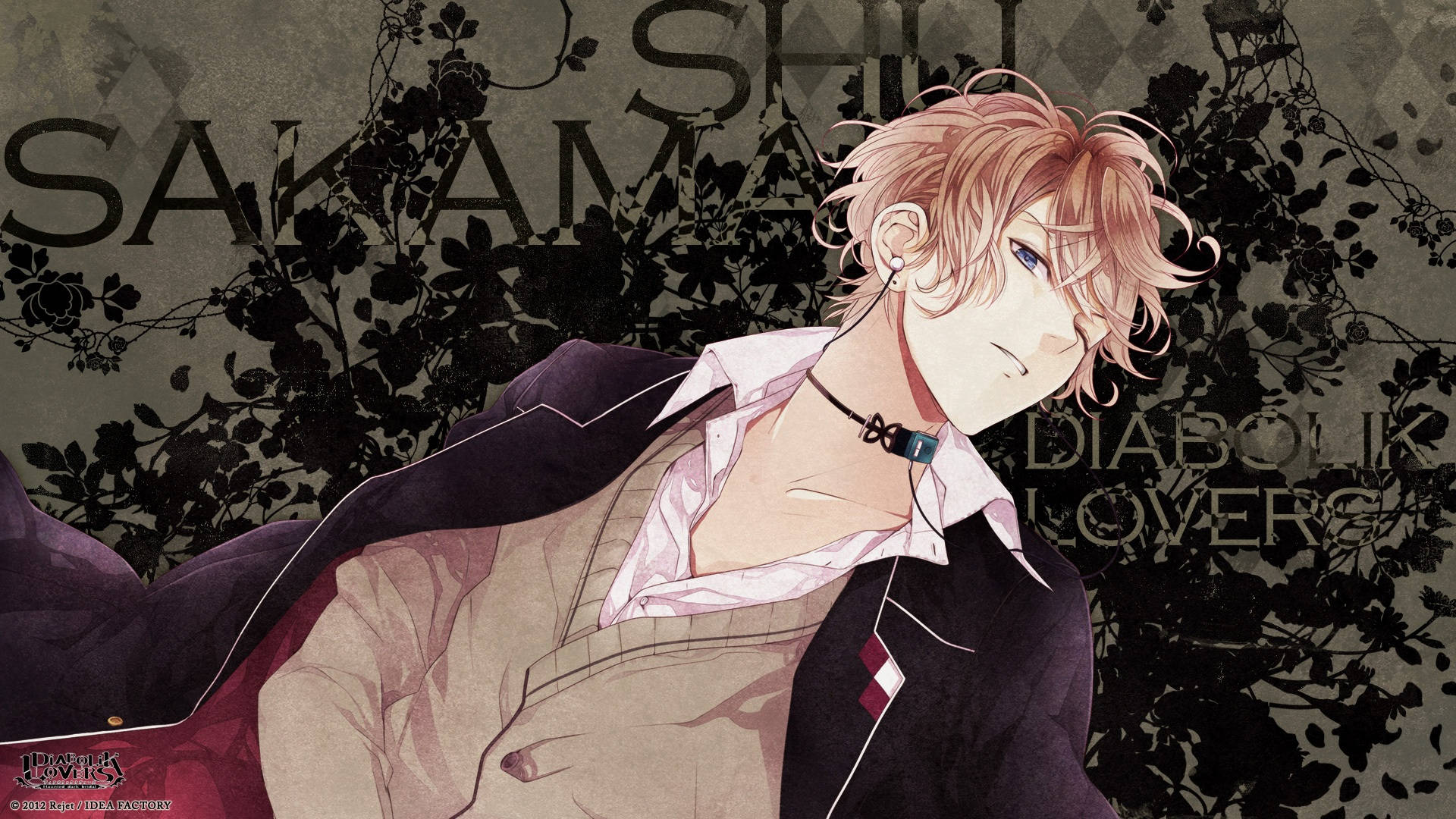 Diabolik Lovers 桌布 壁紙 — 一個風格化的動漫角色，粉紅色頭髮和藍色眼睛，靠著帶有文字的深色花卉背景。