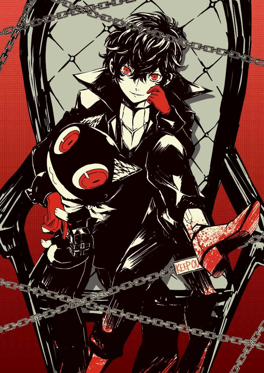 ren amamiya 桌布 壁紙 — 一個風格化的動漫角色，紅眼睛，穿著黑色外套，坐在被鎖鏈包圍的椅子上，手持一個戴面具的玩偶，背景為紅色。